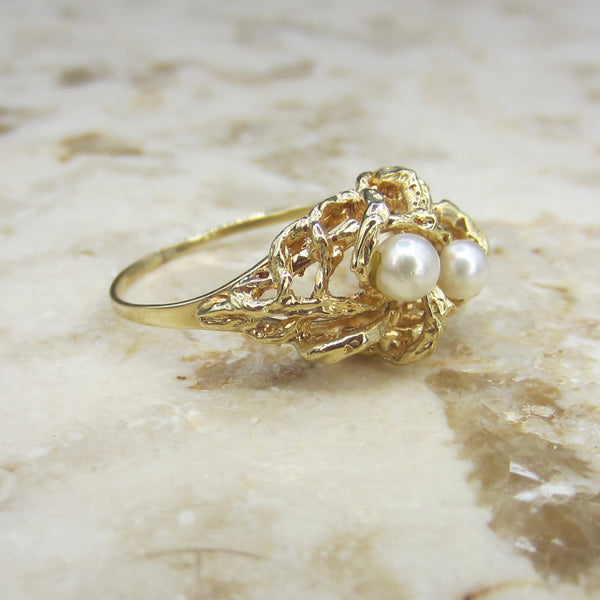 Vintage 14k Gold and Pearl Brutalist Birds Nest Ring c.1970s