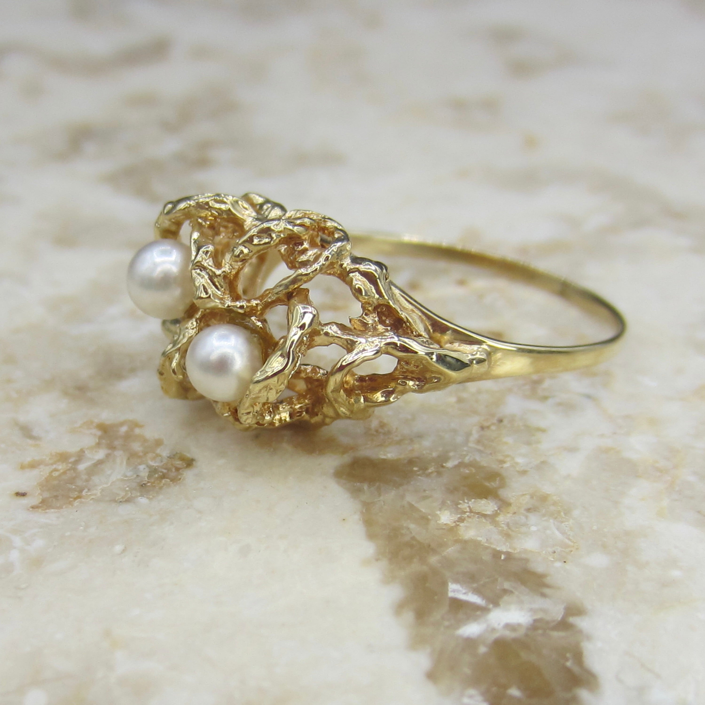 Vintage 14k Gold and Pearl Brutalist Birds Nest Ring c.1970s