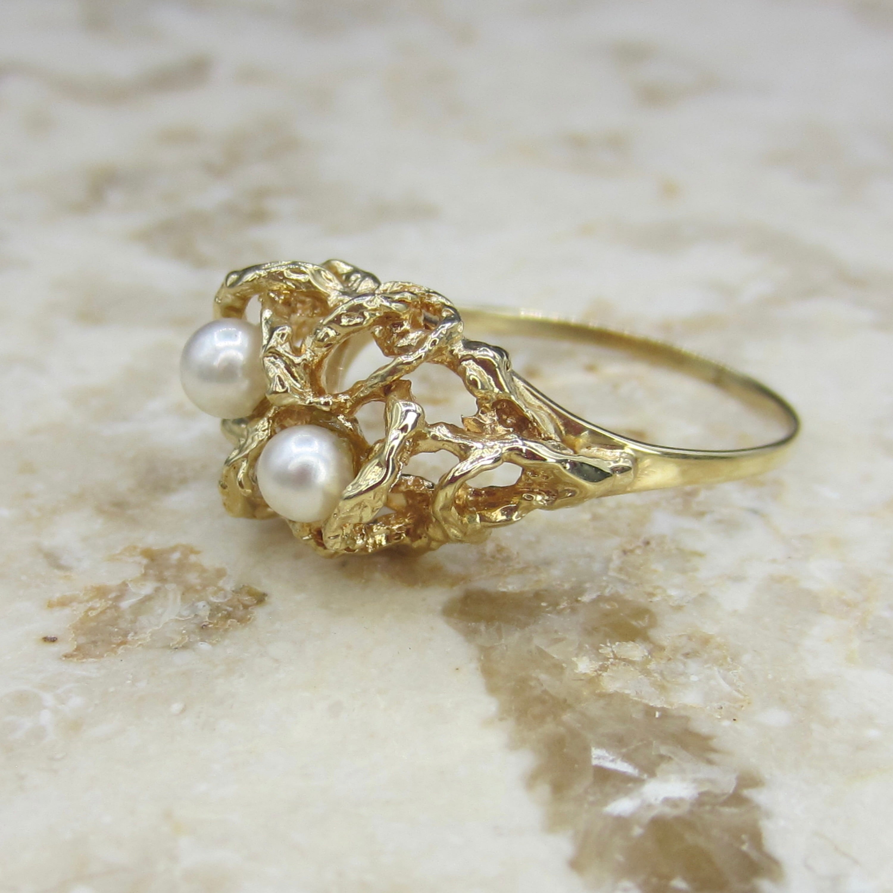 Vintage 14k Gold and Pearl Brutalist Birds Nest Ring c.1970s