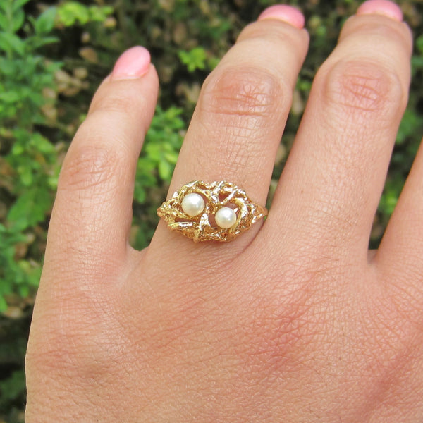 Vintage 14k Gold and Pearl Brutalist Birds Nest Ring c.1970s