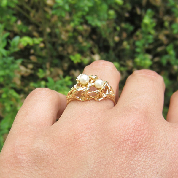 Vintage 14k Gold and Pearl Brutalist Birds Nest Ring c.1970s