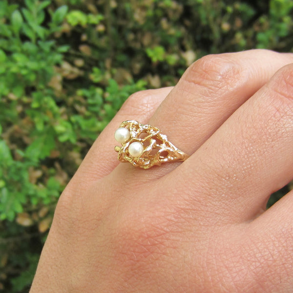 Vintage 14k Gold and Pearl Brutalist Birds Nest Ring c.1970s