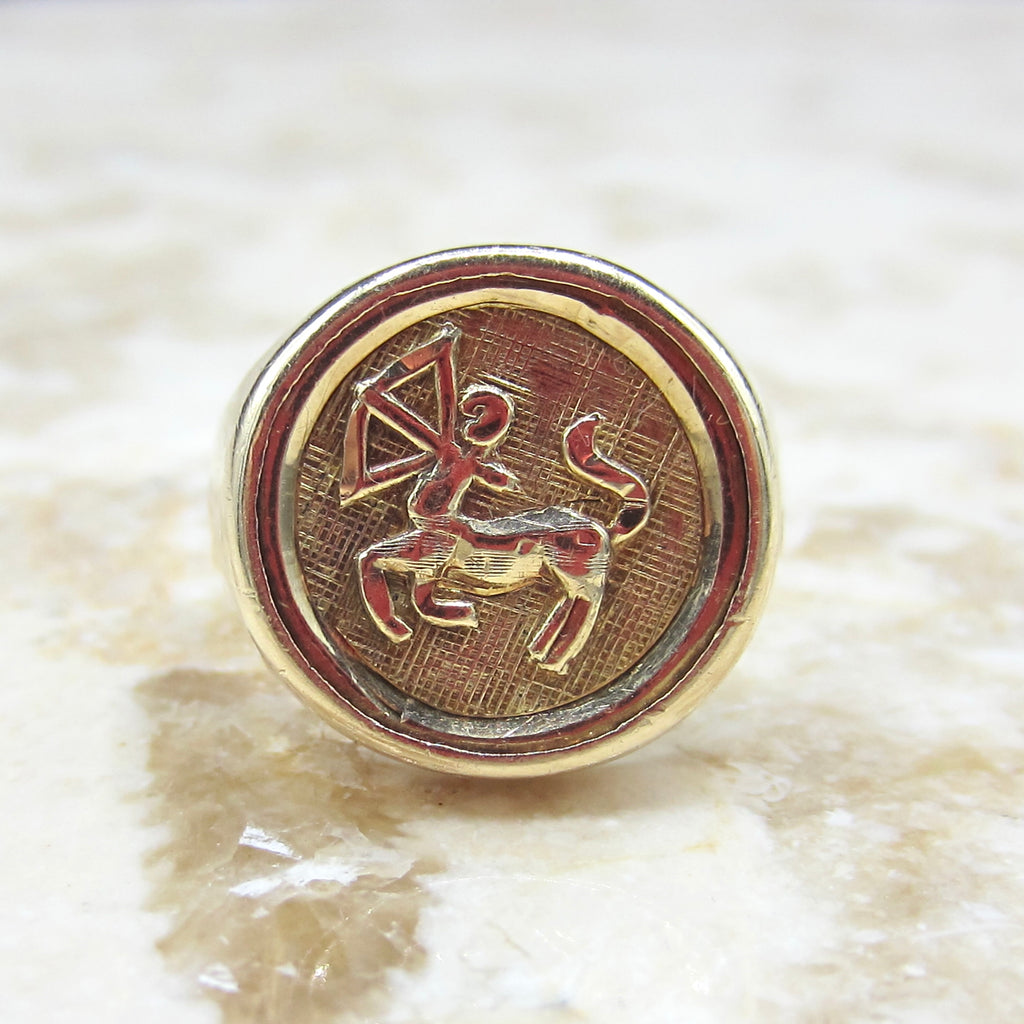 Vintage 14k Gold Sagittarius Zodiac Signet Ring Horoscope Jewelry c.1970s