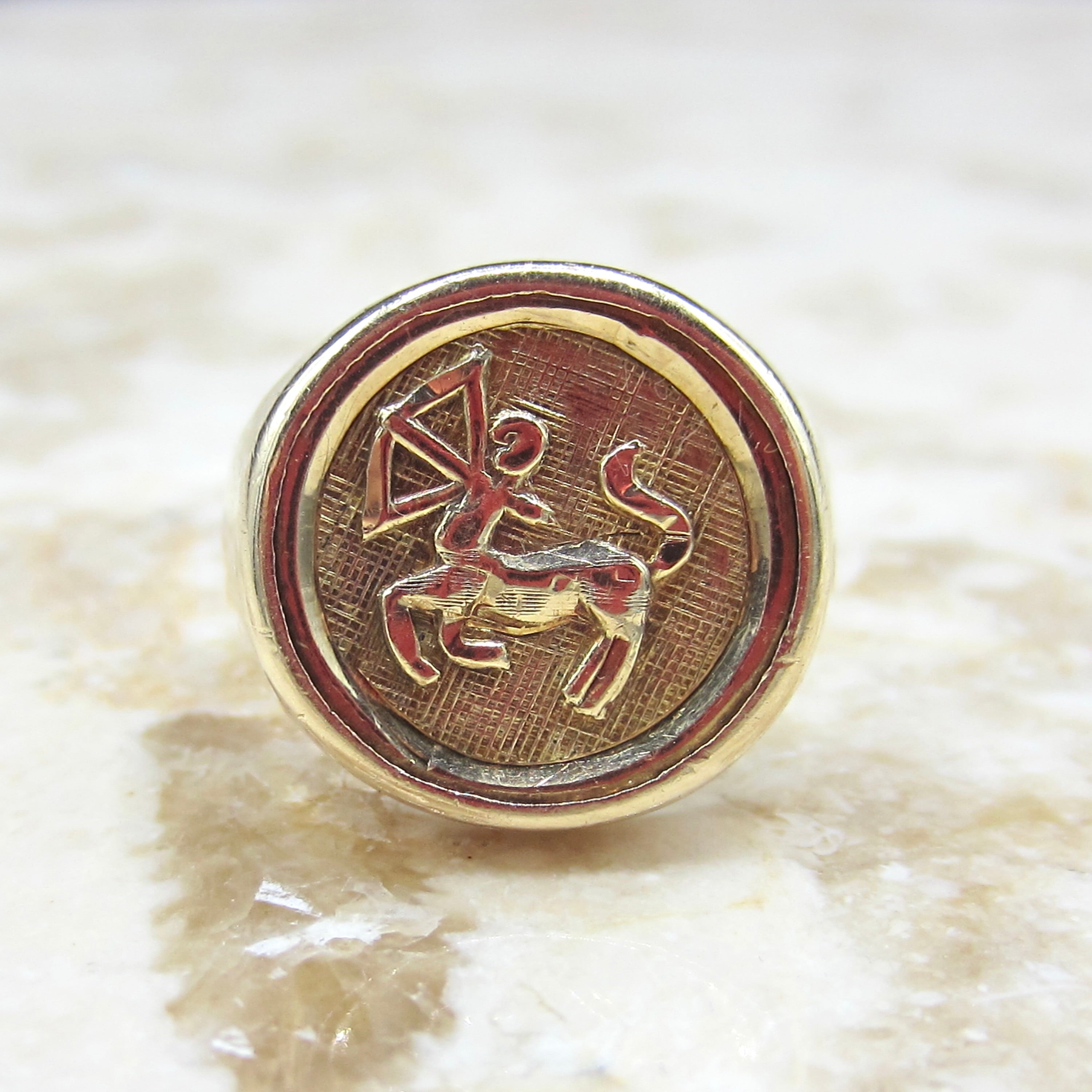 Vintage 14k Gold Sagittarius Zodiac Signet Ring Horoscope Jewelry c.1970s