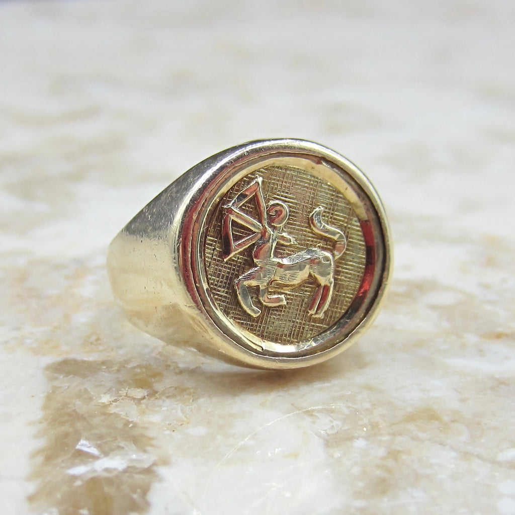 Vintage 14k Gold Sagittarius Zodiac Signet Ring Horoscope Jewelry c.1970s