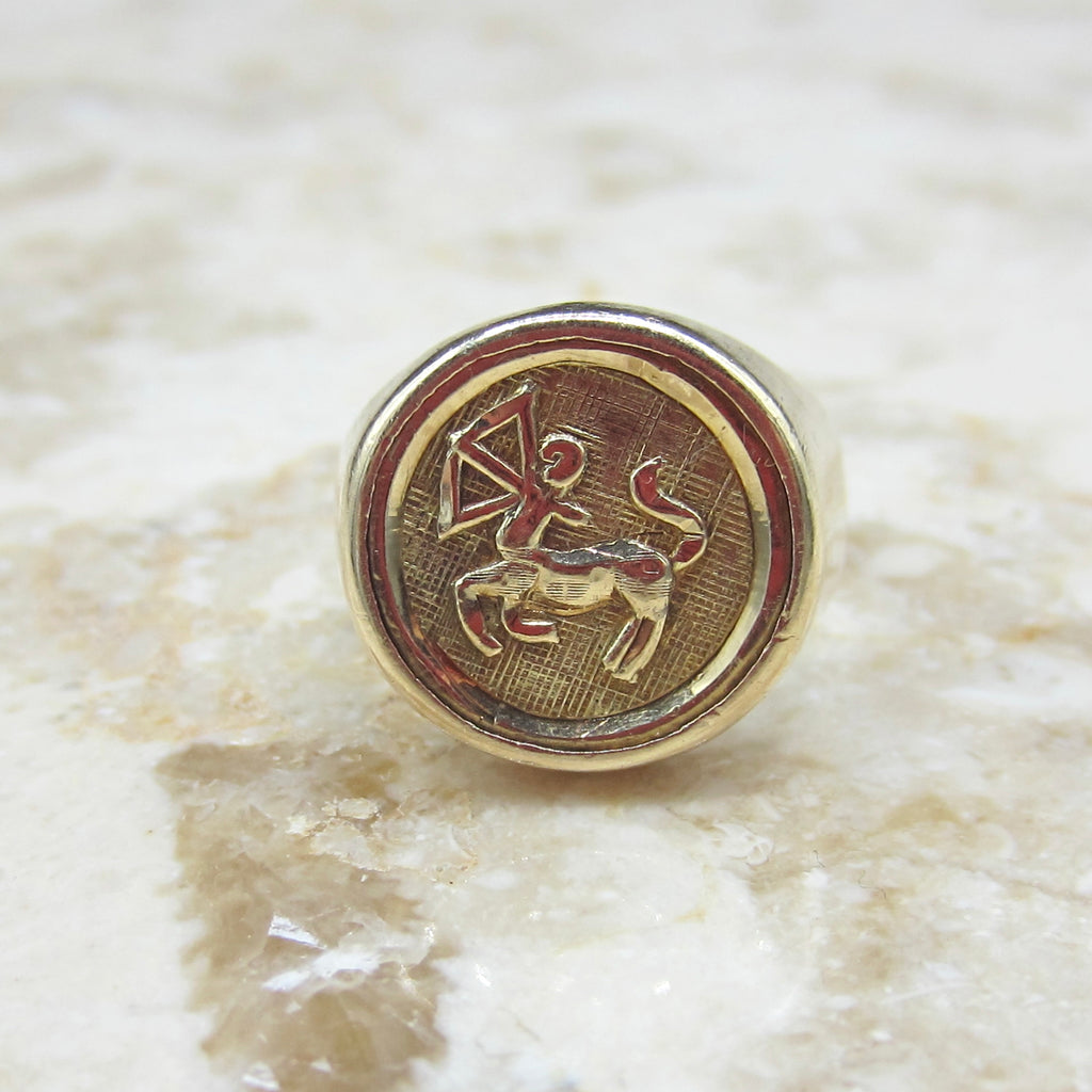 Vintage 14k Gold Sagittarius Zodiac Signet Ring Horoscope Jewelry c.1970s