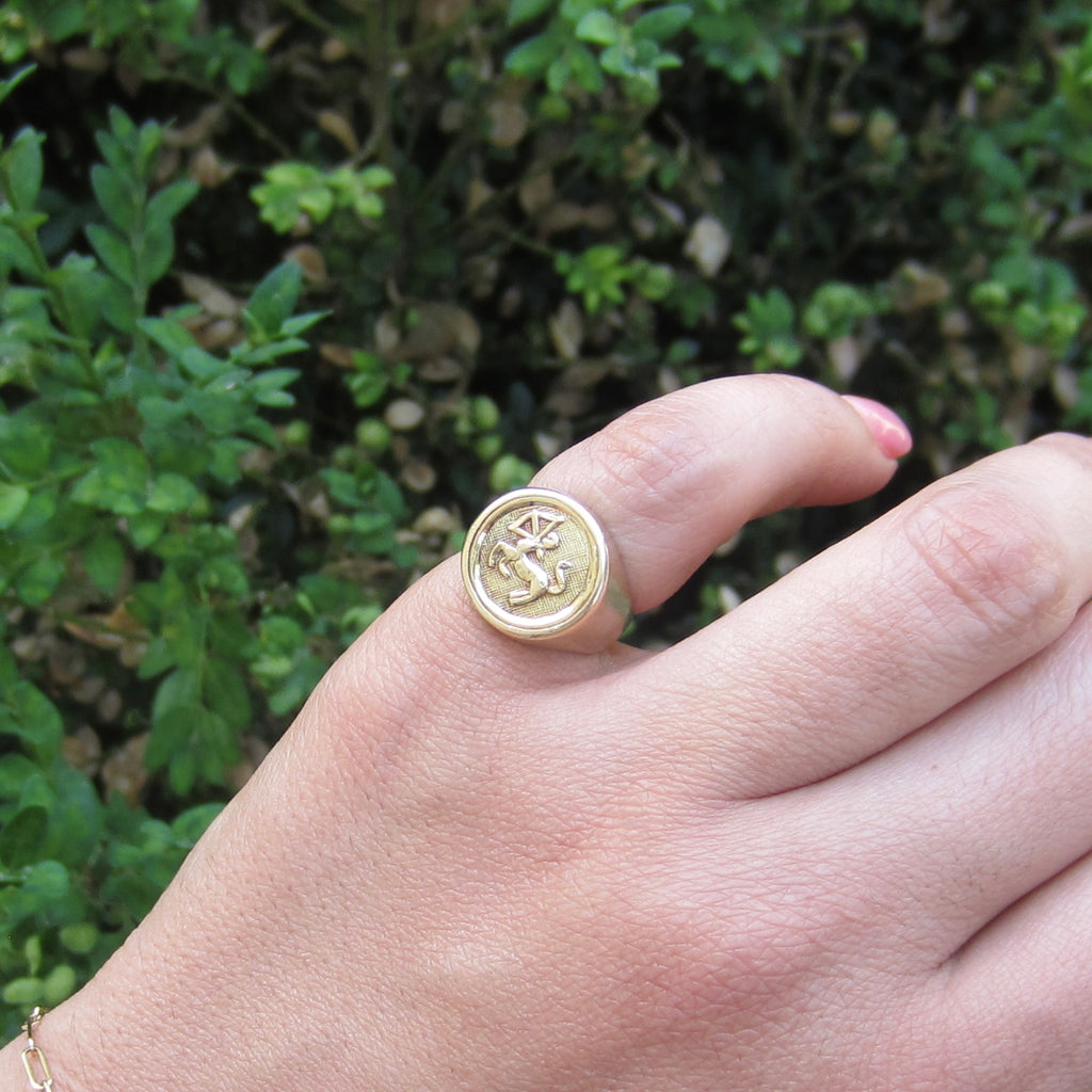 Vintage 14k Gold Sagittarius Zodiac Signet Ring Horoscope Jewelry c.1970s