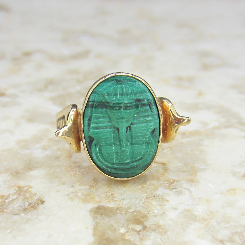 Antique Art Deco 14k Gold Carved Malachite Egyptian Revival Pharaoh Ring c.1930s