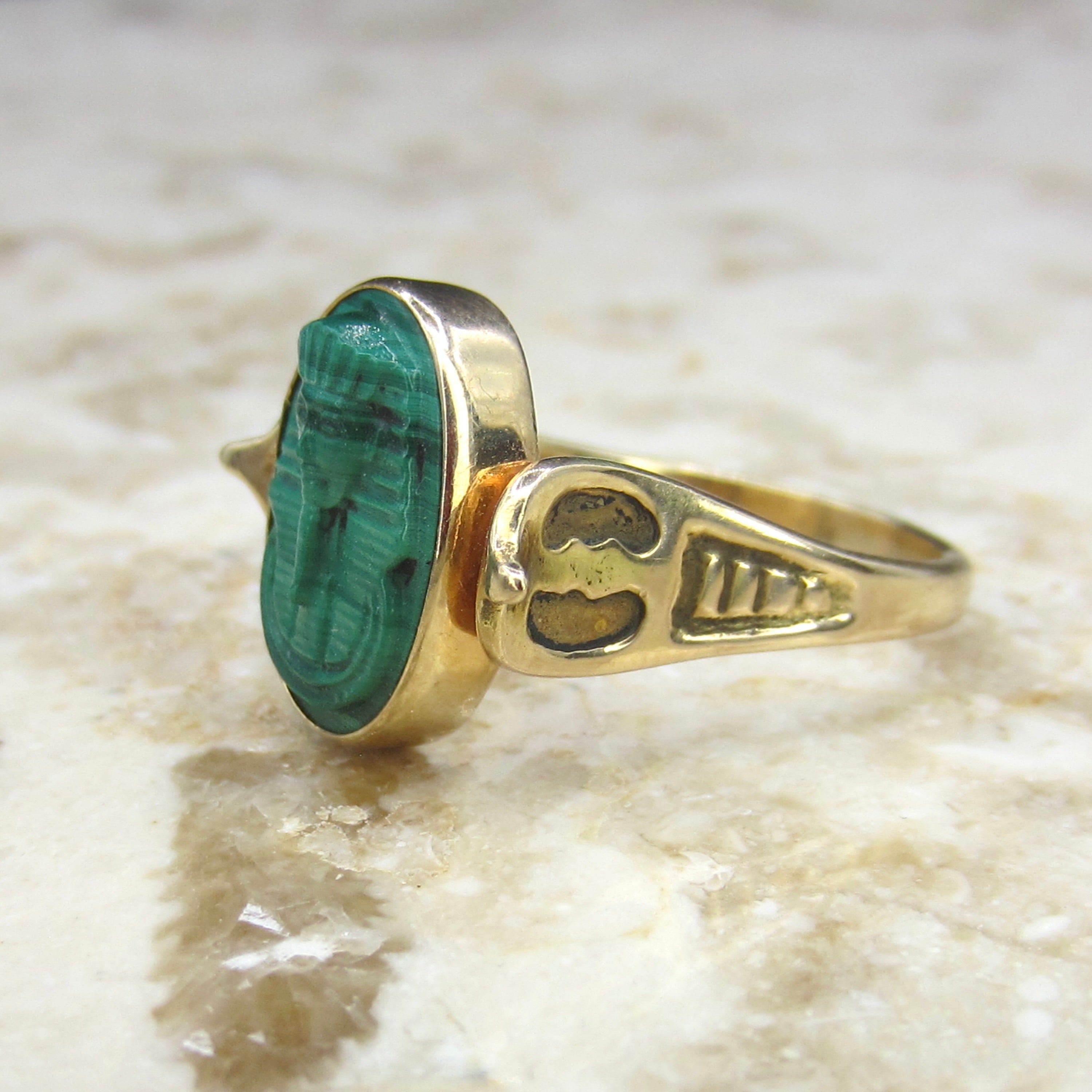 Antique Art Deco 14k Gold Carved Malachite Egyptian Revival Pharaoh Ring c.1930s