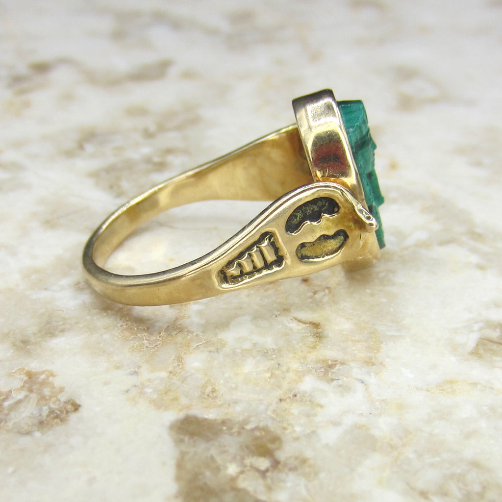 Antique Art Deco 14k Gold Carved Malachite Egyptian Revival Pharaoh Ring c.1930s