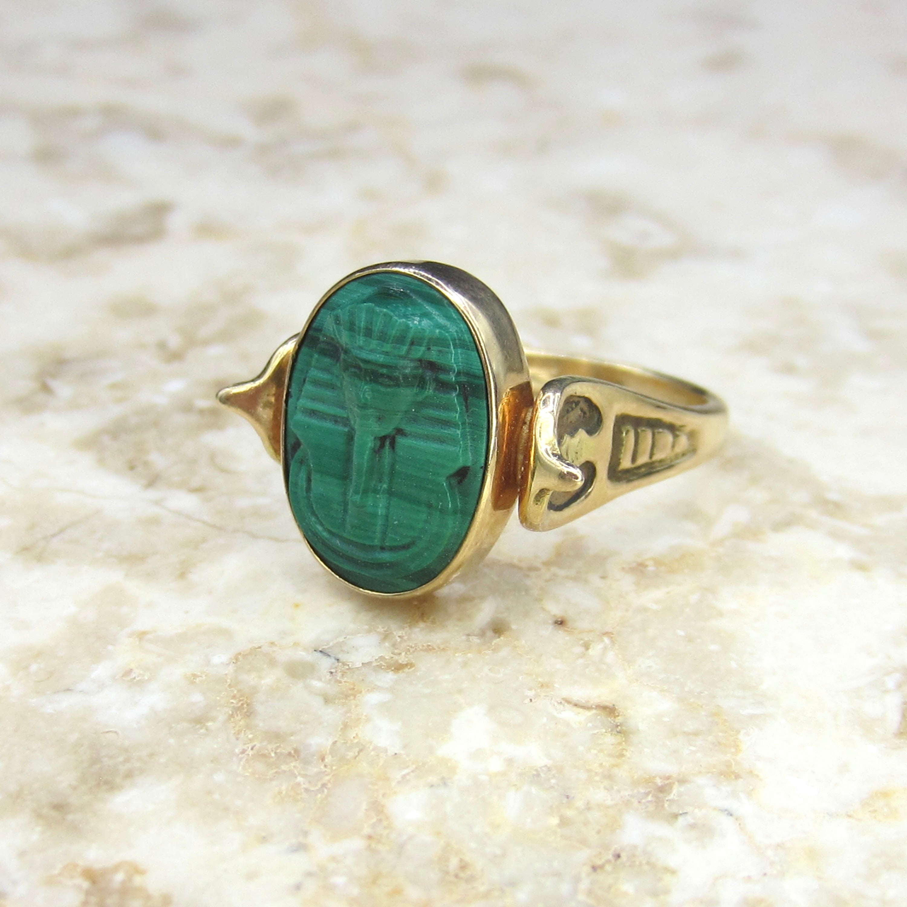 Antique Art Deco 14k Gold Carved Malachite Egyptian Revival Pharaoh Ring c.1930s