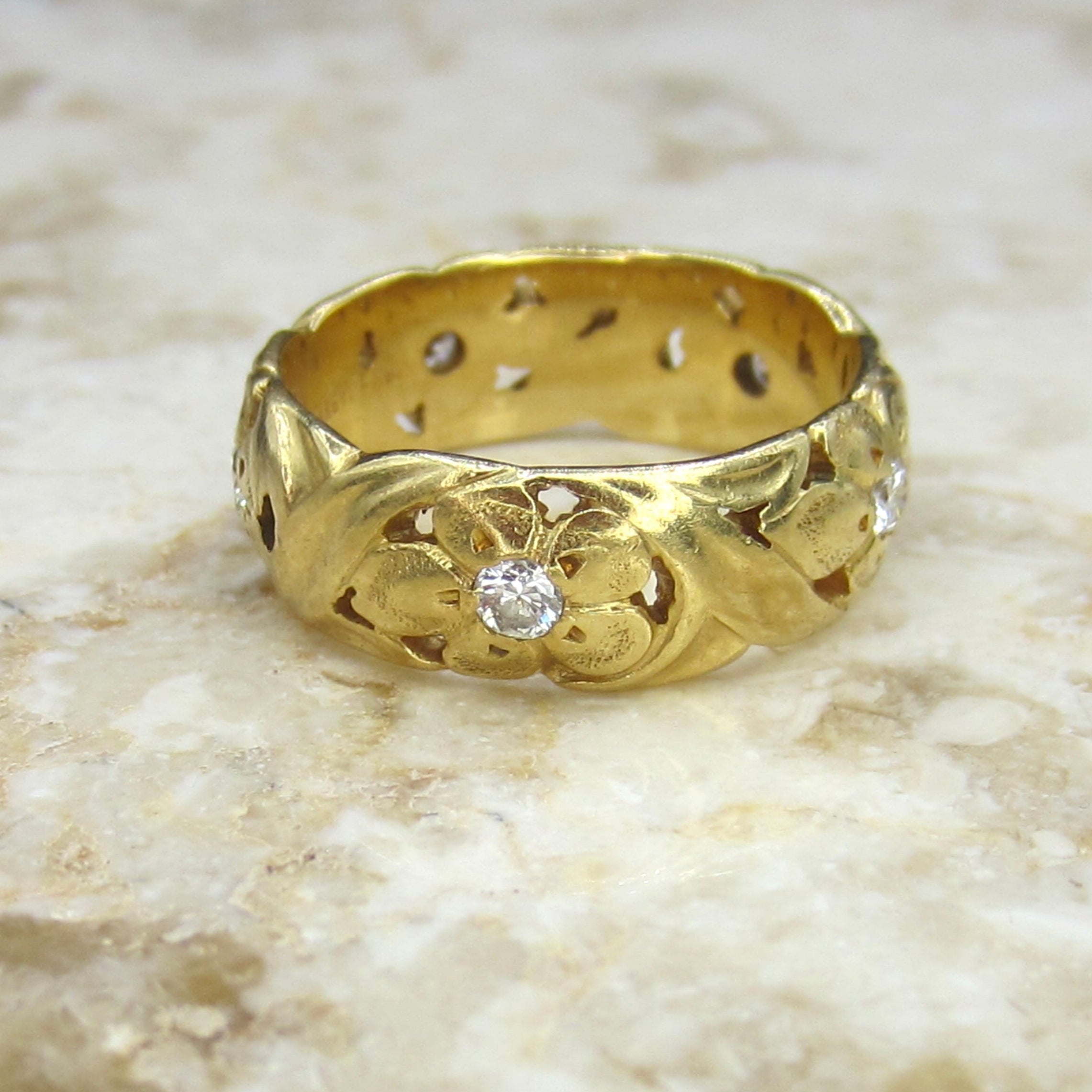 Vintage 18k Gold and Diamond Wide Floral Band Jabel c.1930s