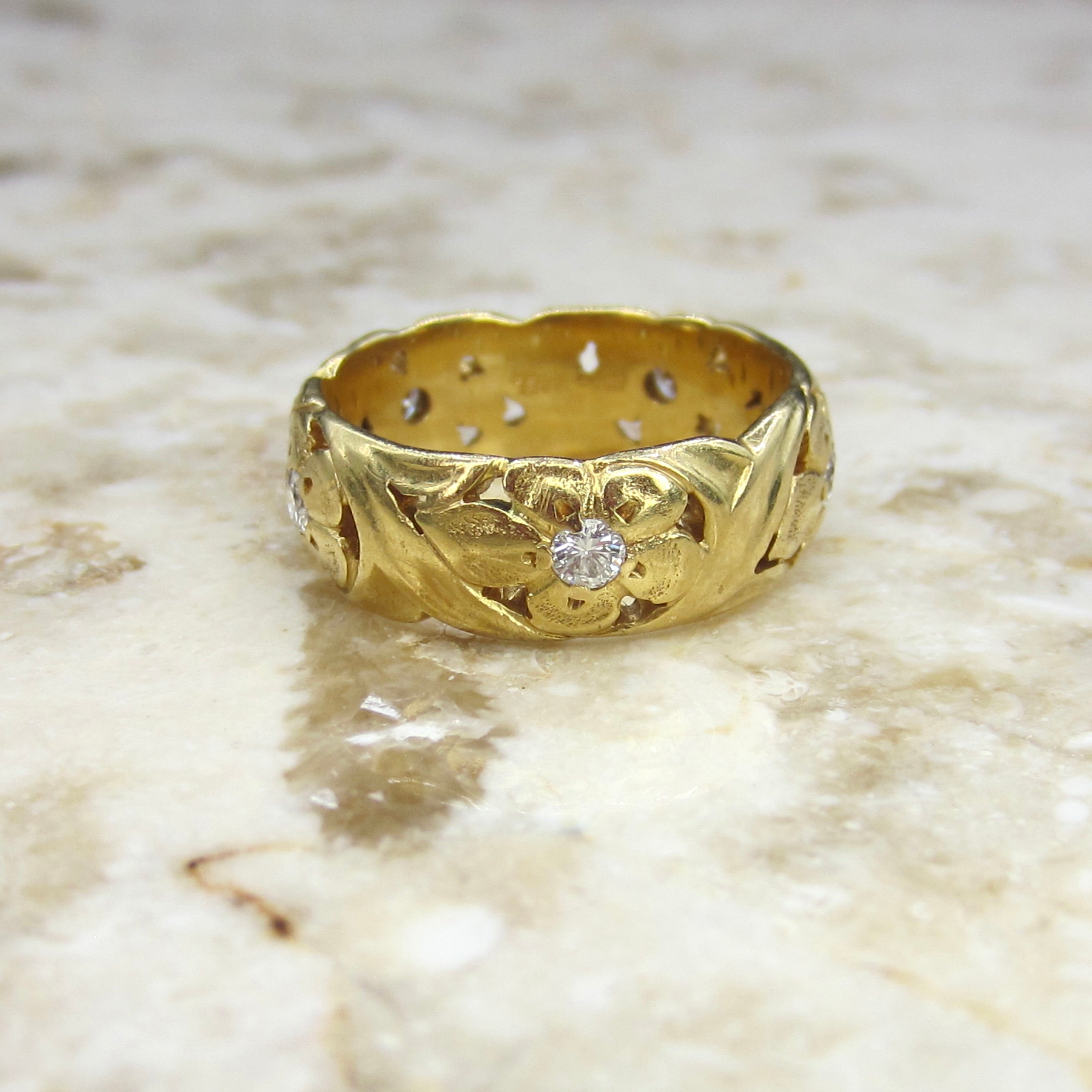 Vintage 18k Gold and Diamond Wide Floral Band Jabel c.1930s