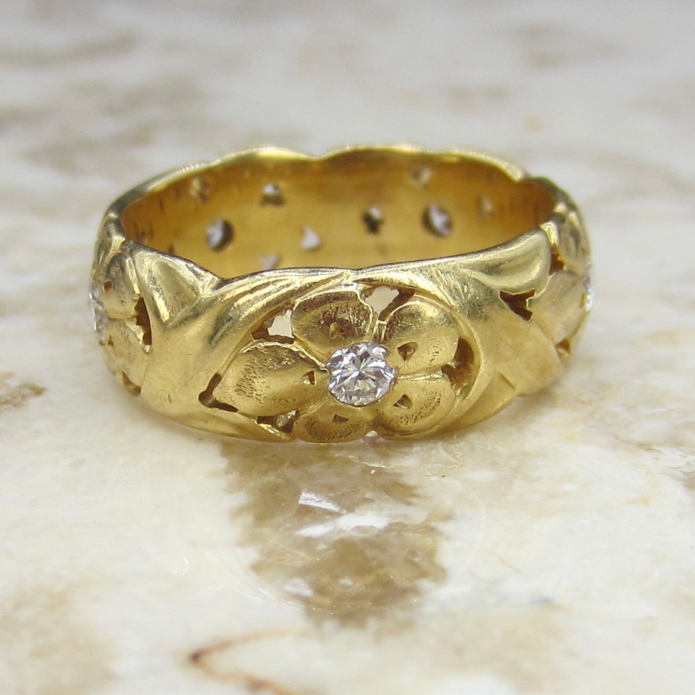 Vintage 18k Gold and Diamond Wide Floral Band Jabel c.1930s