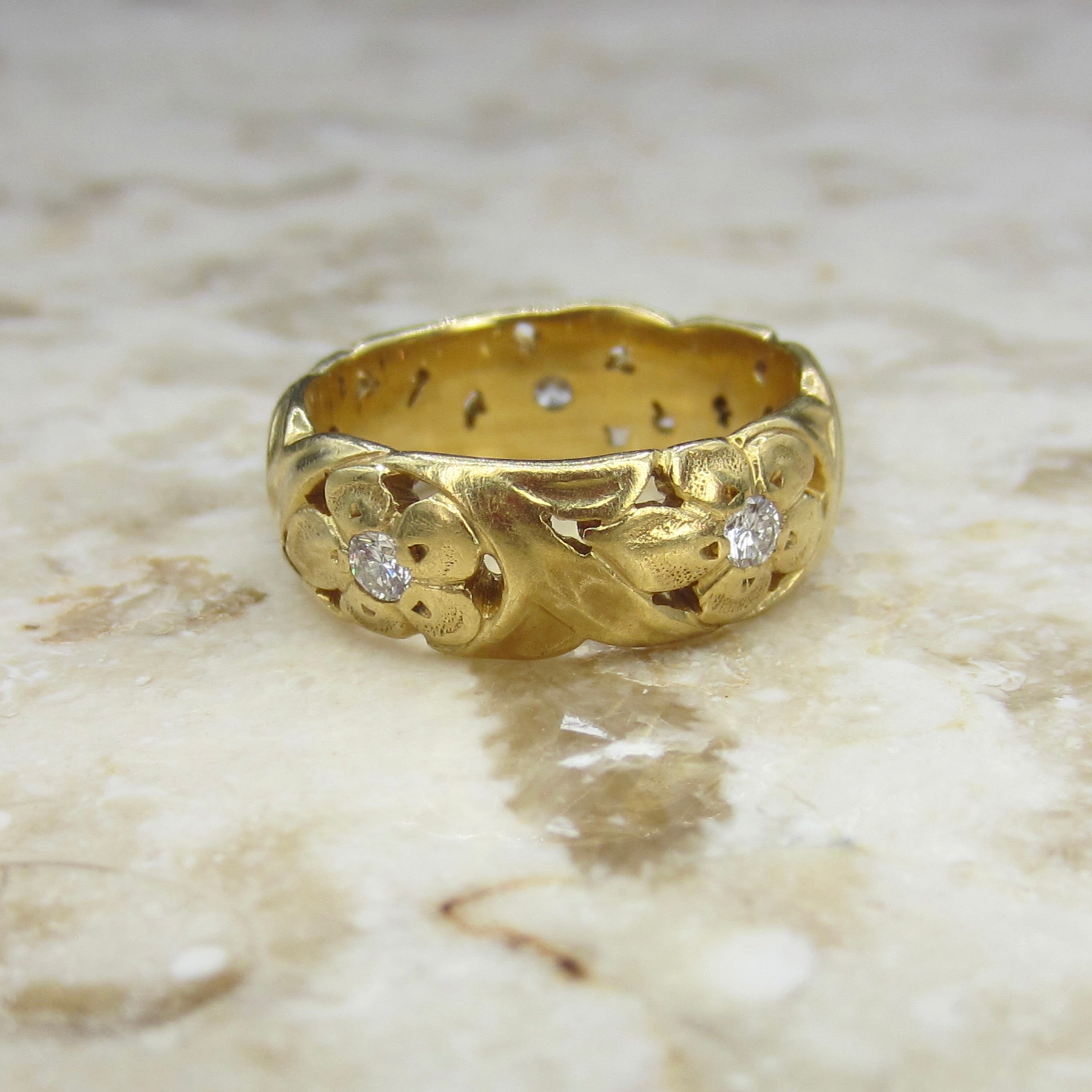 Vintage 18k Gold and Diamond Wide Floral Band Jabel c.1930s