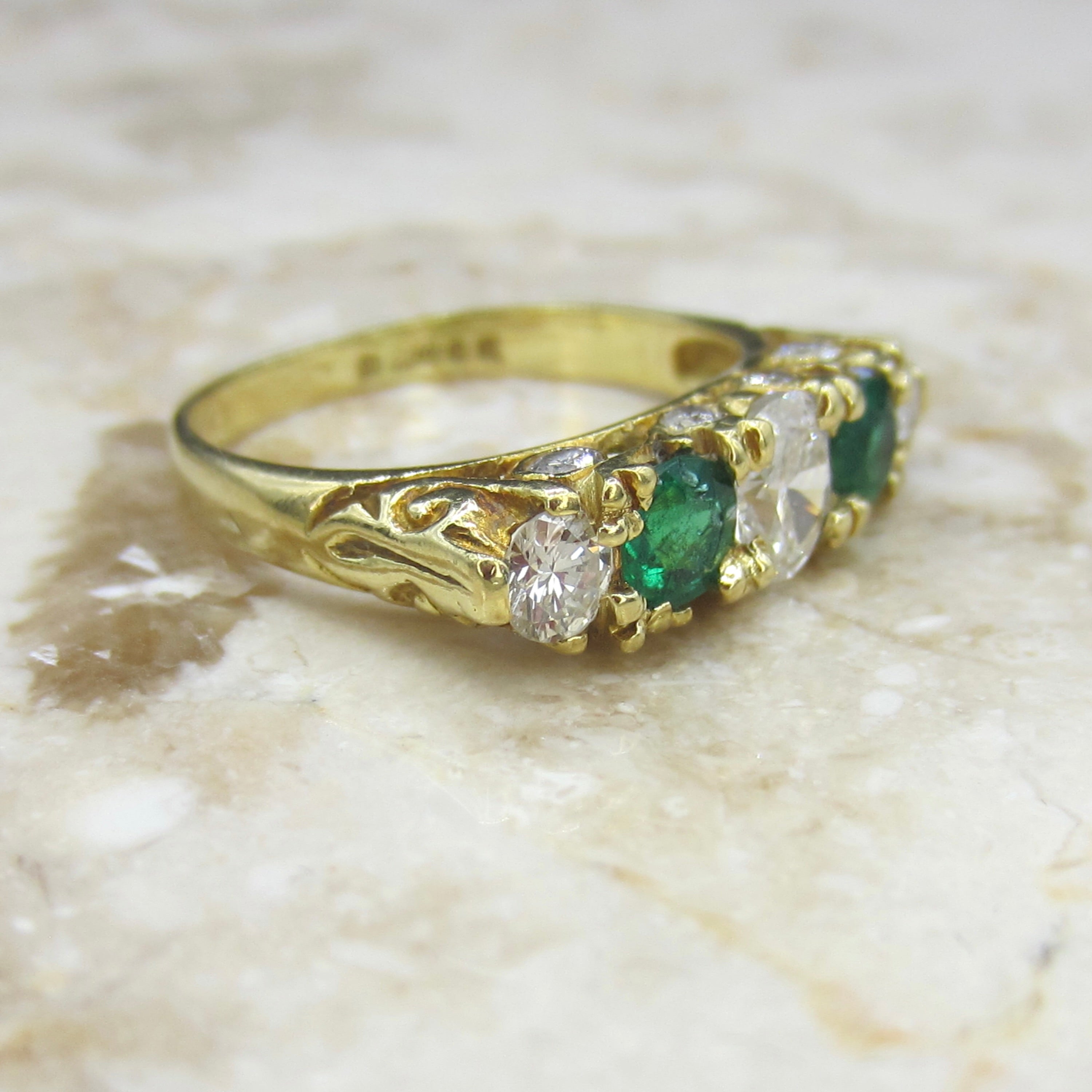 Vintage Victorian Style 18k Gold Diamond and Emerald Five Stone Band Ring English Hallmarks