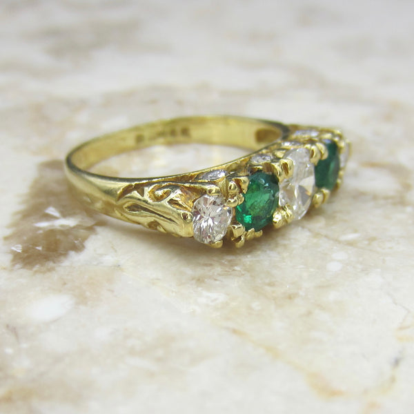 Vintage Victorian Style 18k Gold Diamond and Emerald Five Stone Band Ring English Hallmarks