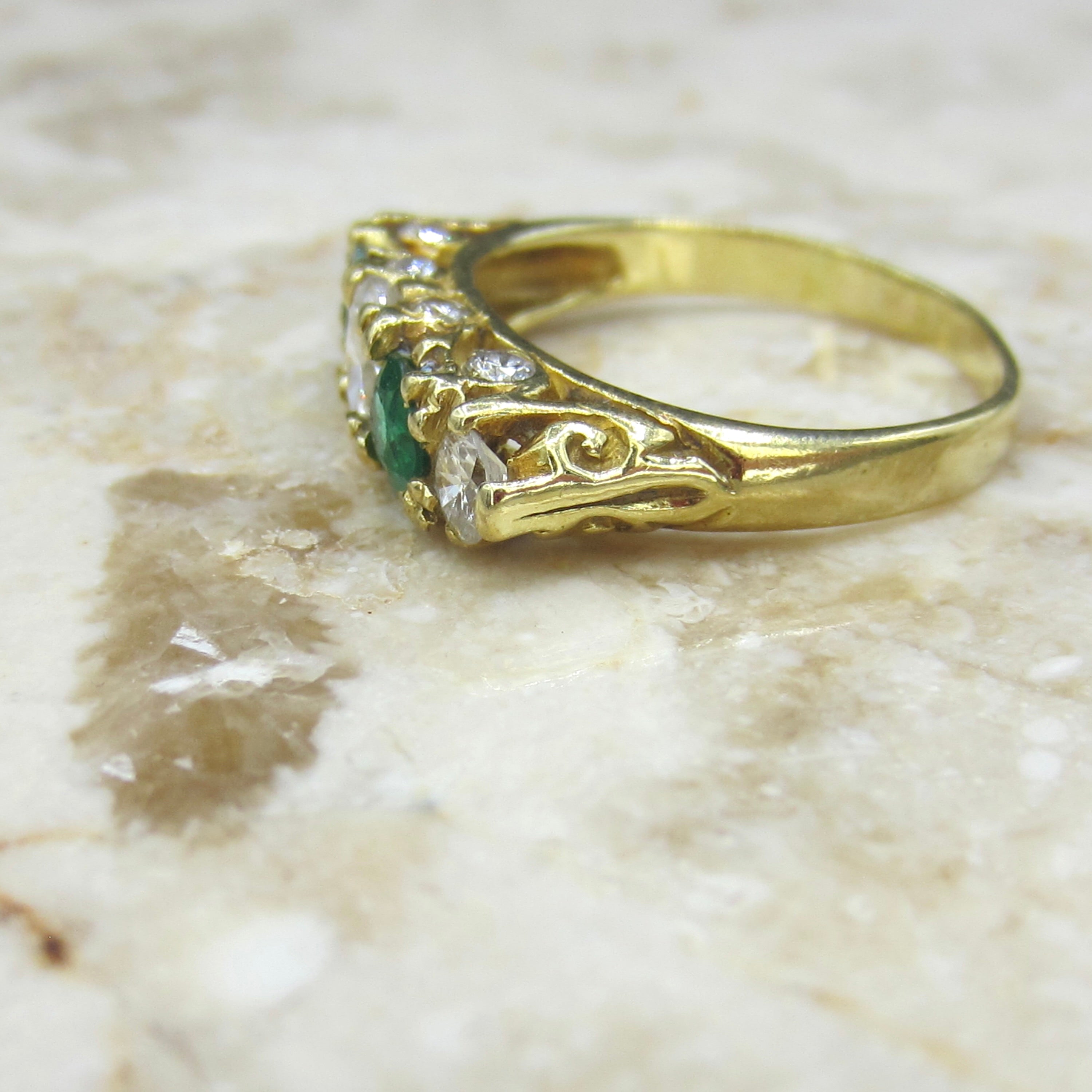Vintage Victorian Style 18k Gold Diamond and Emerald Five Stone Band Ring English Hallmarks