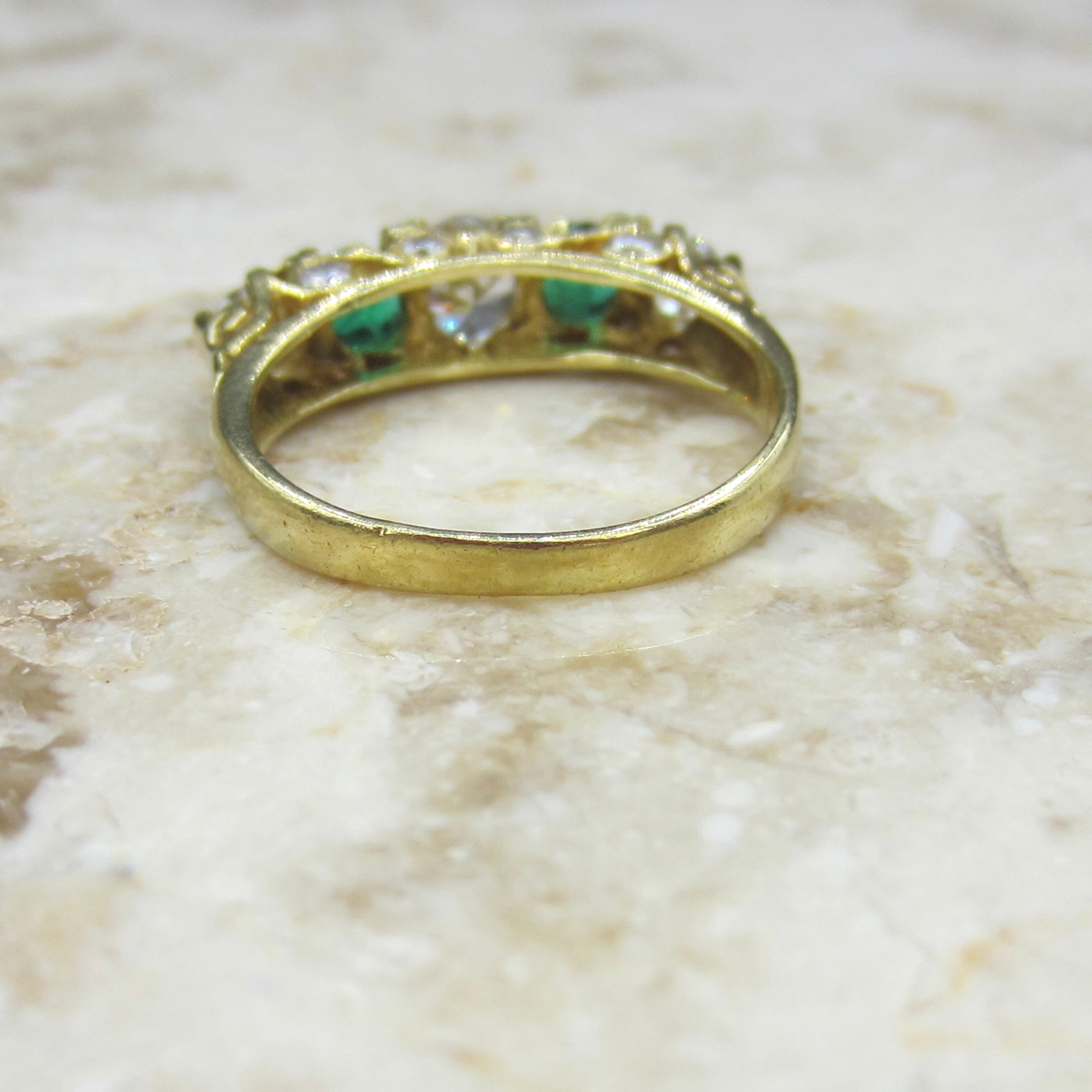 Vintage Victorian Style 18k Gold Diamond and Emerald Five Stone Band Ring English Hallmarks