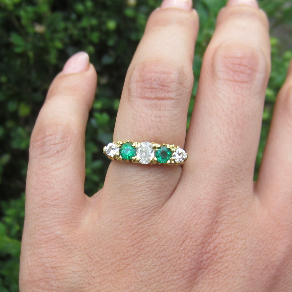 Vintage Victorian Style 18k Gold Diamond and Emerald Five Stone Band Ring English Hallmarks