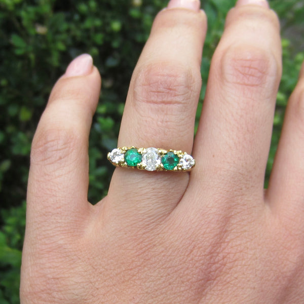 Vintage Victorian Style 18k Gold Diamond and Emerald Five Stone Band Ring English Hallmarks