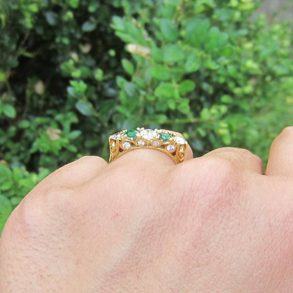 Vintage Victorian Style 18k Gold Diamond and Emerald Five Stone Band Ring English Hallmarks