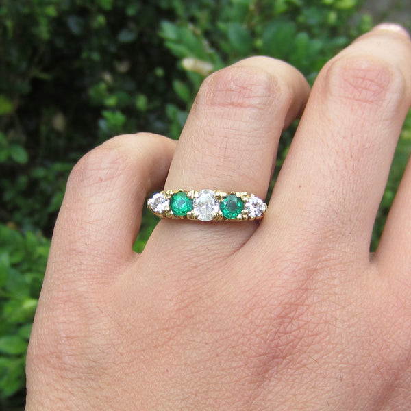 Vintage Victorian Style 18k Gold Diamond and Emerald Five Stone Band Ring English Hallmarks
