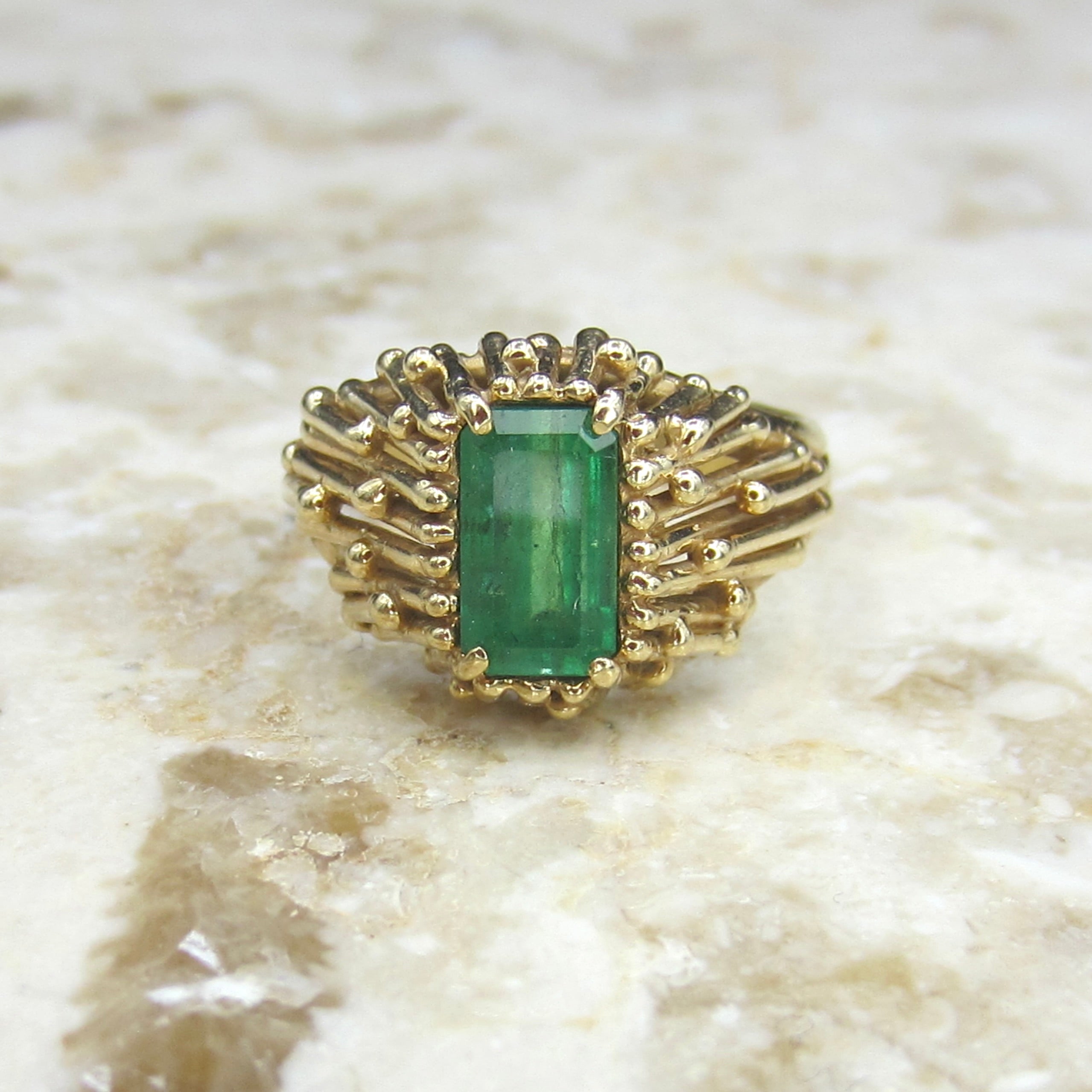 Vintage 14k Gold Emerald Brutalist Ring c.1960s