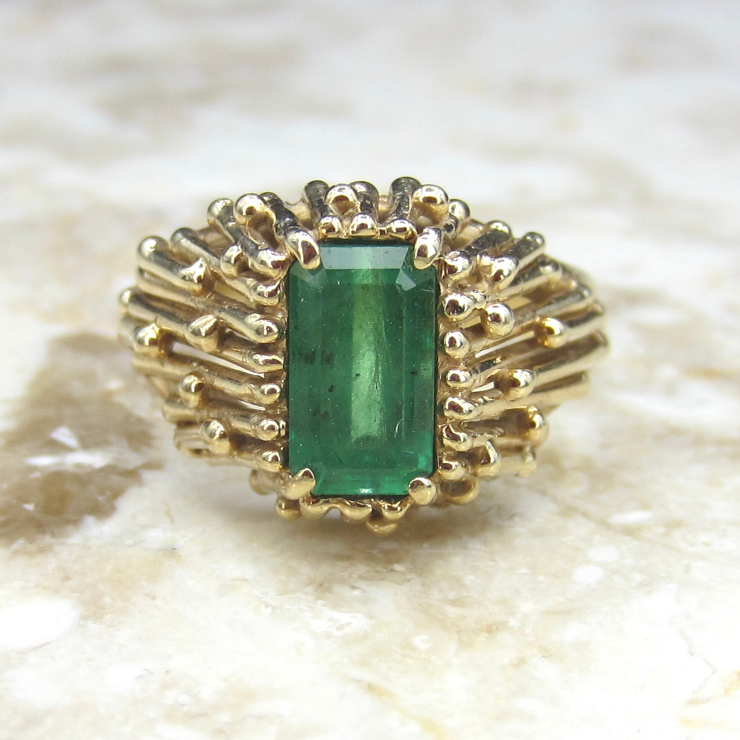 Vintage 14k Gold Emerald Brutalist Ring c.1960s