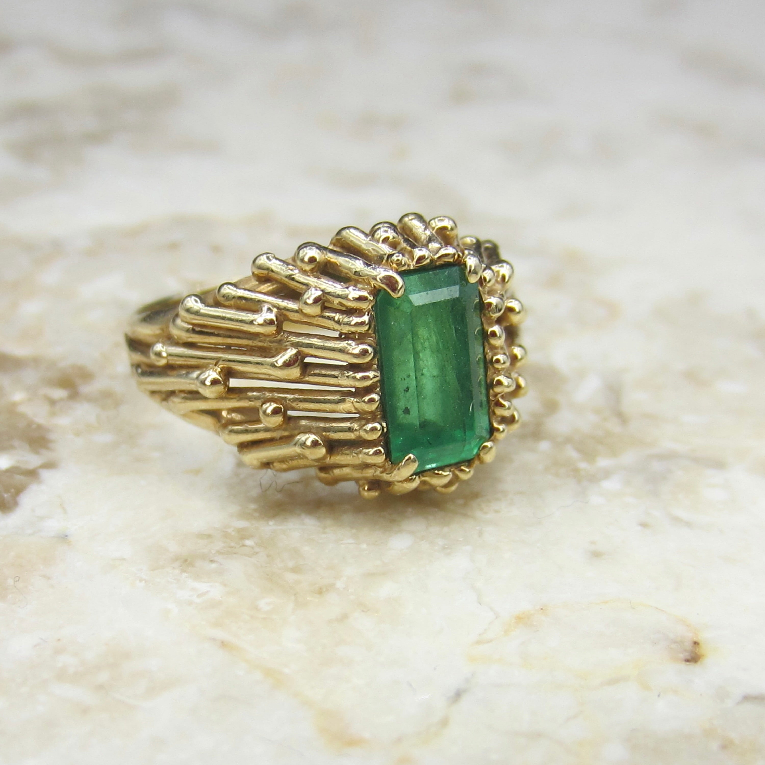 Vintage 14k Gold Emerald Brutalist Ring c.1960s