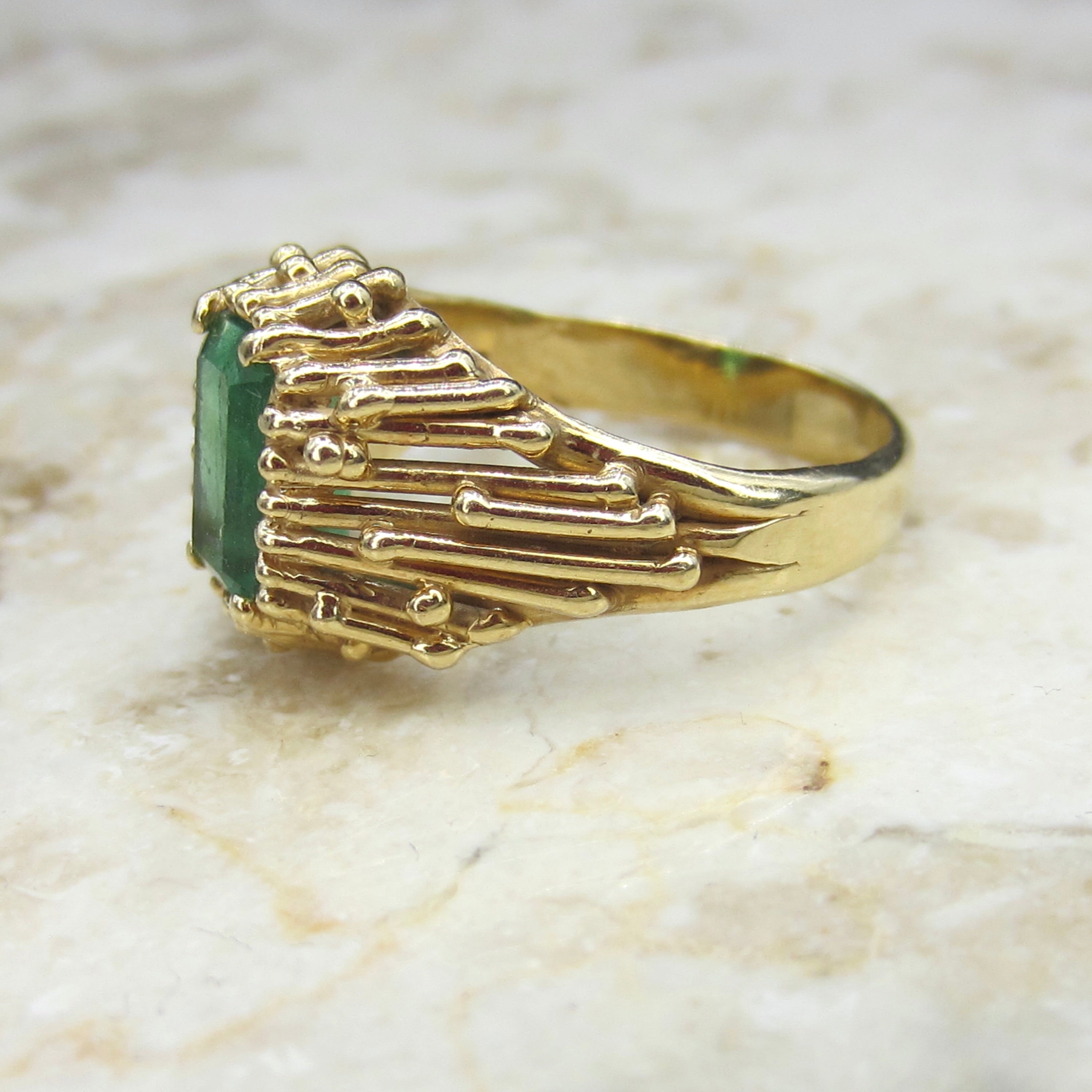Vintage 14k Gold Emerald Brutalist Ring c.1960s
