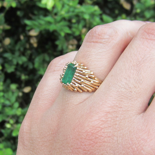 Vintage 14k Gold Emerald Brutalist Ring c.1960s