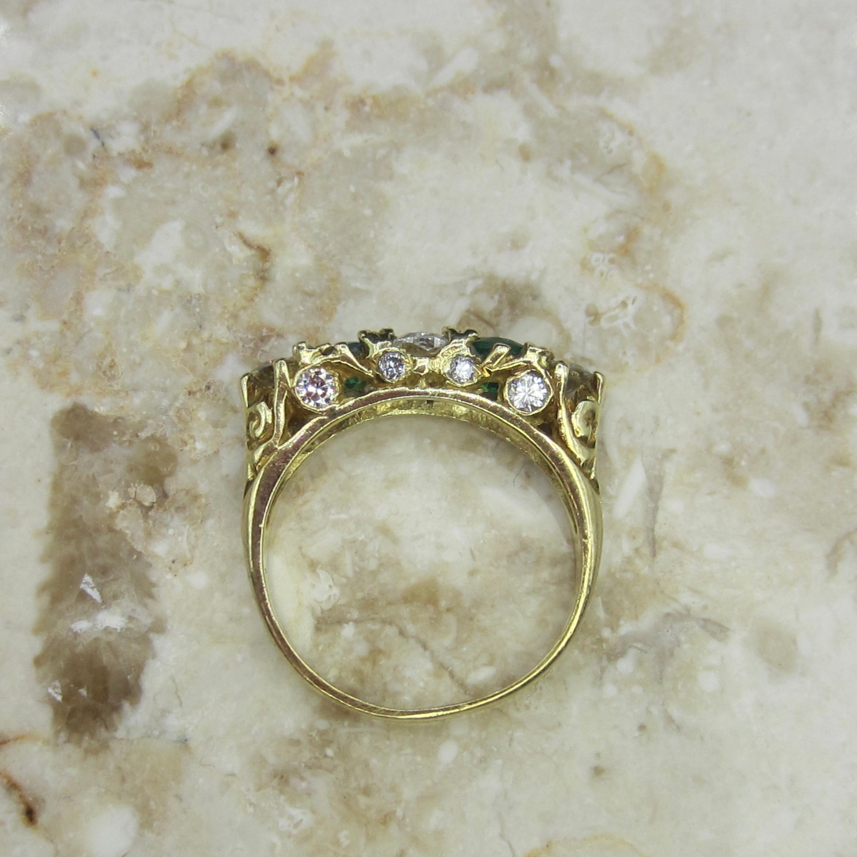 Vintage Victorian Style 18k Gold Diamond and Emerald Five Stone Band Ring English Hallmarks