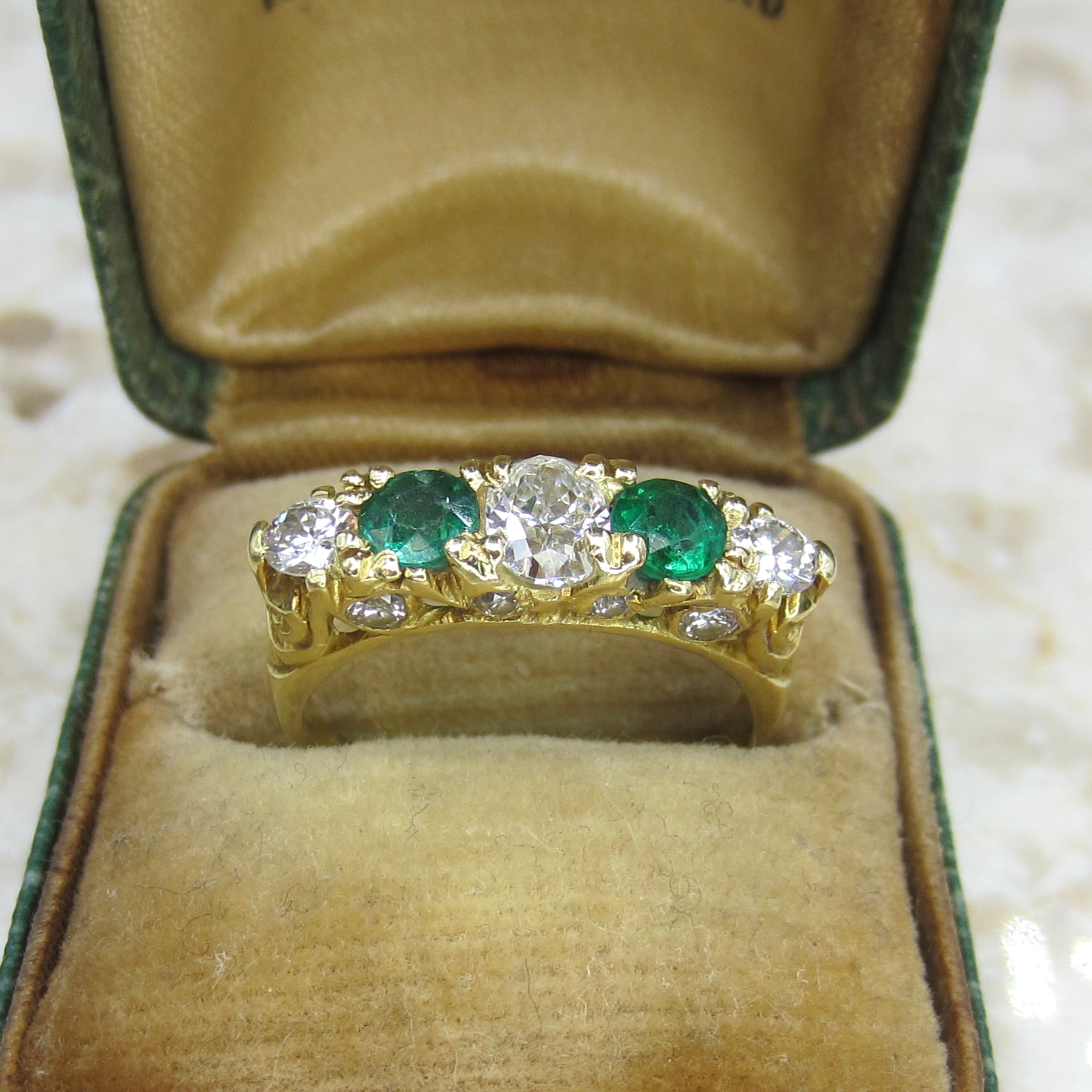 Vintage Victorian Style 18k Gold Diamond and Emerald Five Stone Band Ring English Hallmarks
