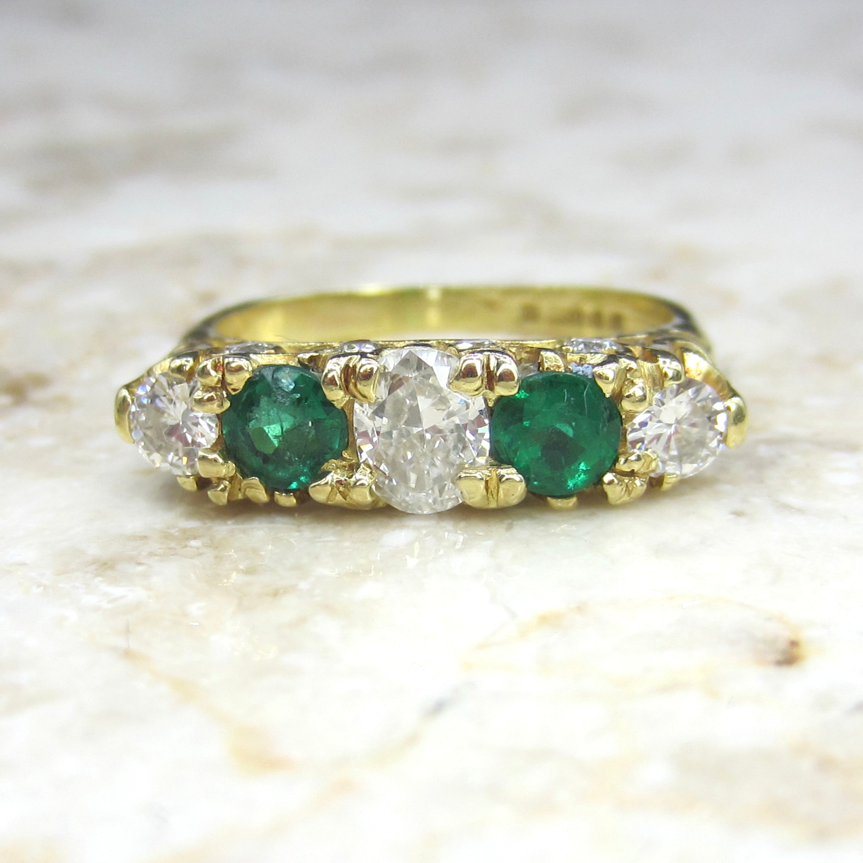 Vintage Victorian Style 18k Gold Diamond and Emerald Five Stone Band Ring English Hallmarks