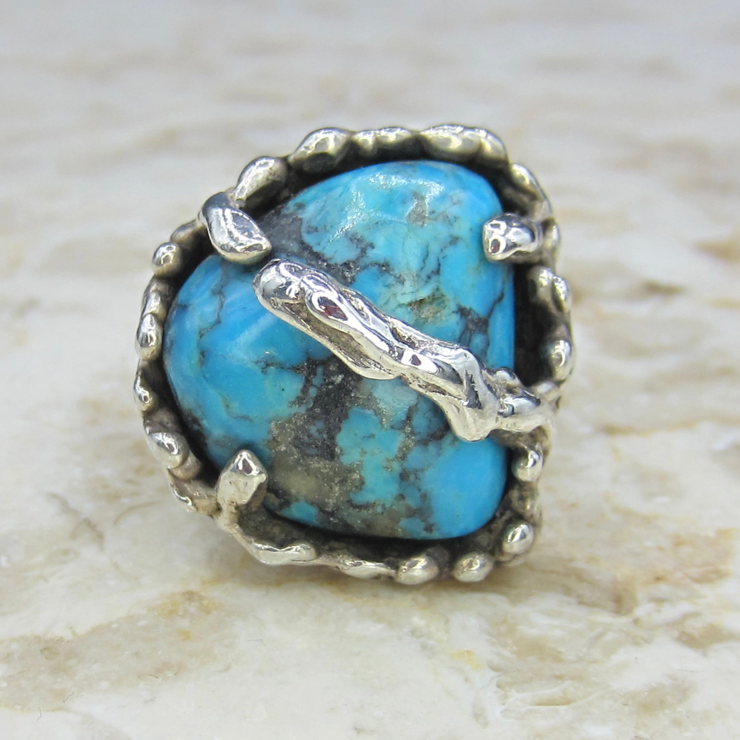 Vintage Large Brutalist Sterling Silver Turquoise Freeform Ring c.1970s