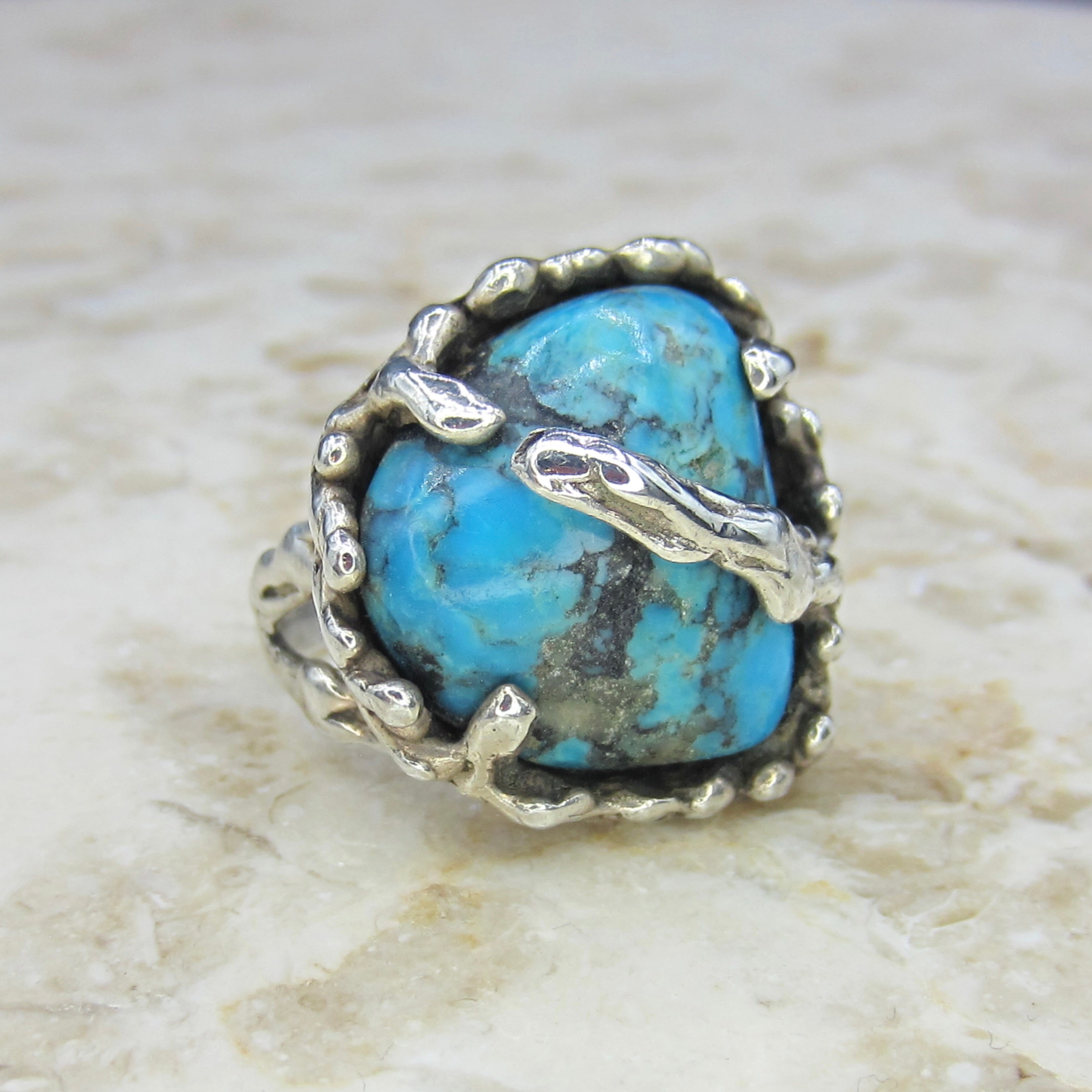 Vintage Large Brutalist Sterling Silver Turquoise Freeform Ring c.1970s