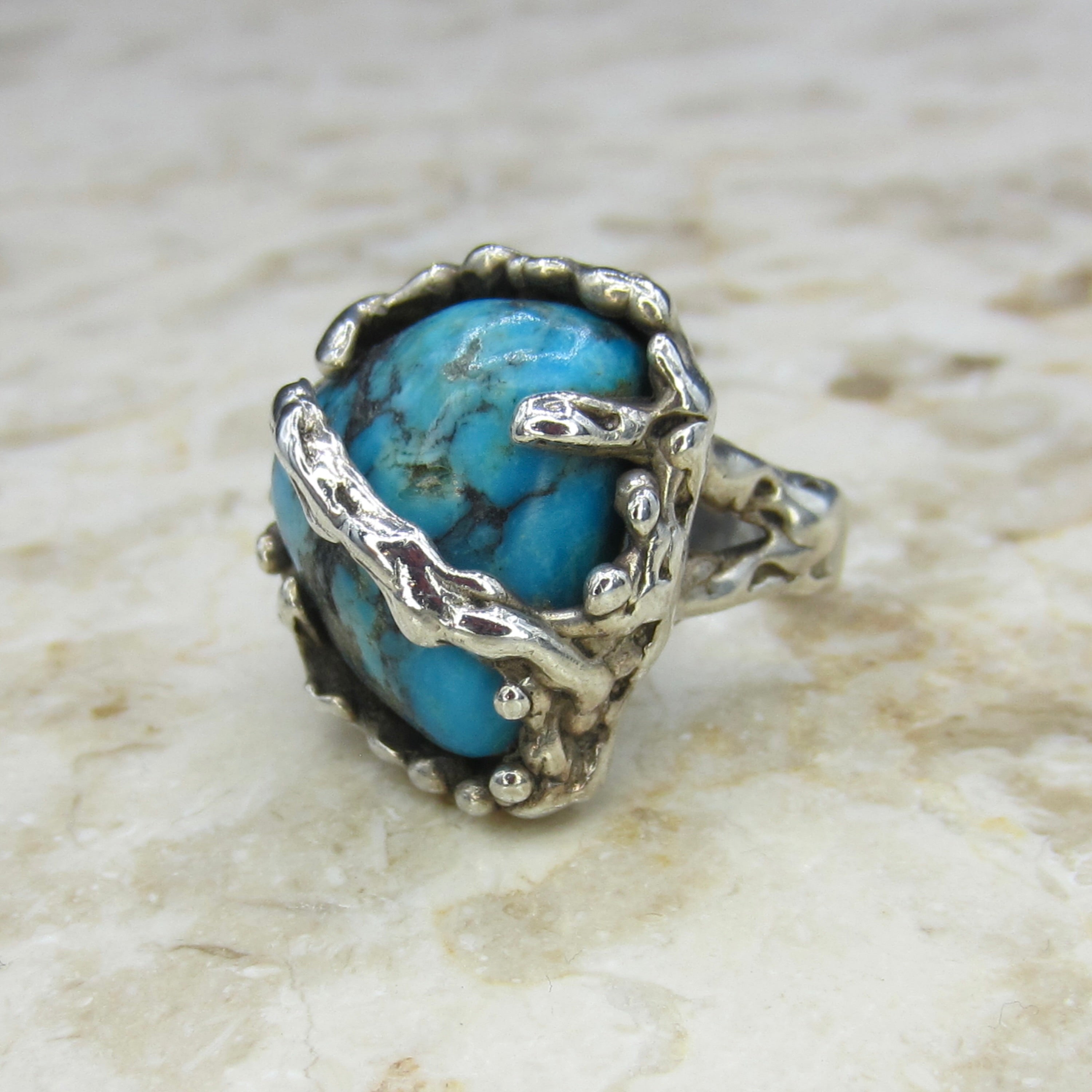 Vintage Large Brutalist Sterling Silver Turquoise Freeform Ring c.1970s
