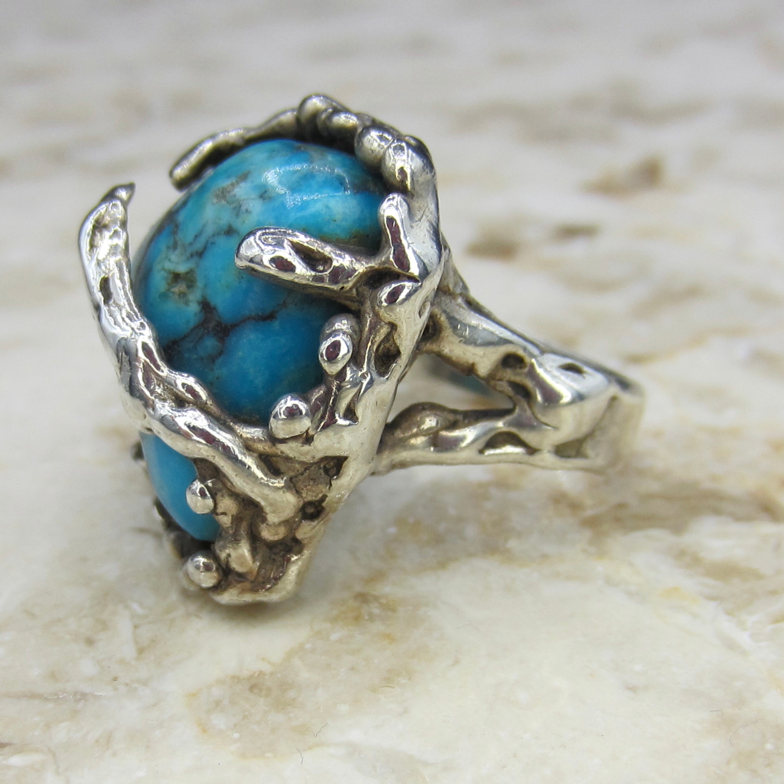 Vintage Large Brutalist Sterling Silver Turquoise Freeform Ring c.1970s
