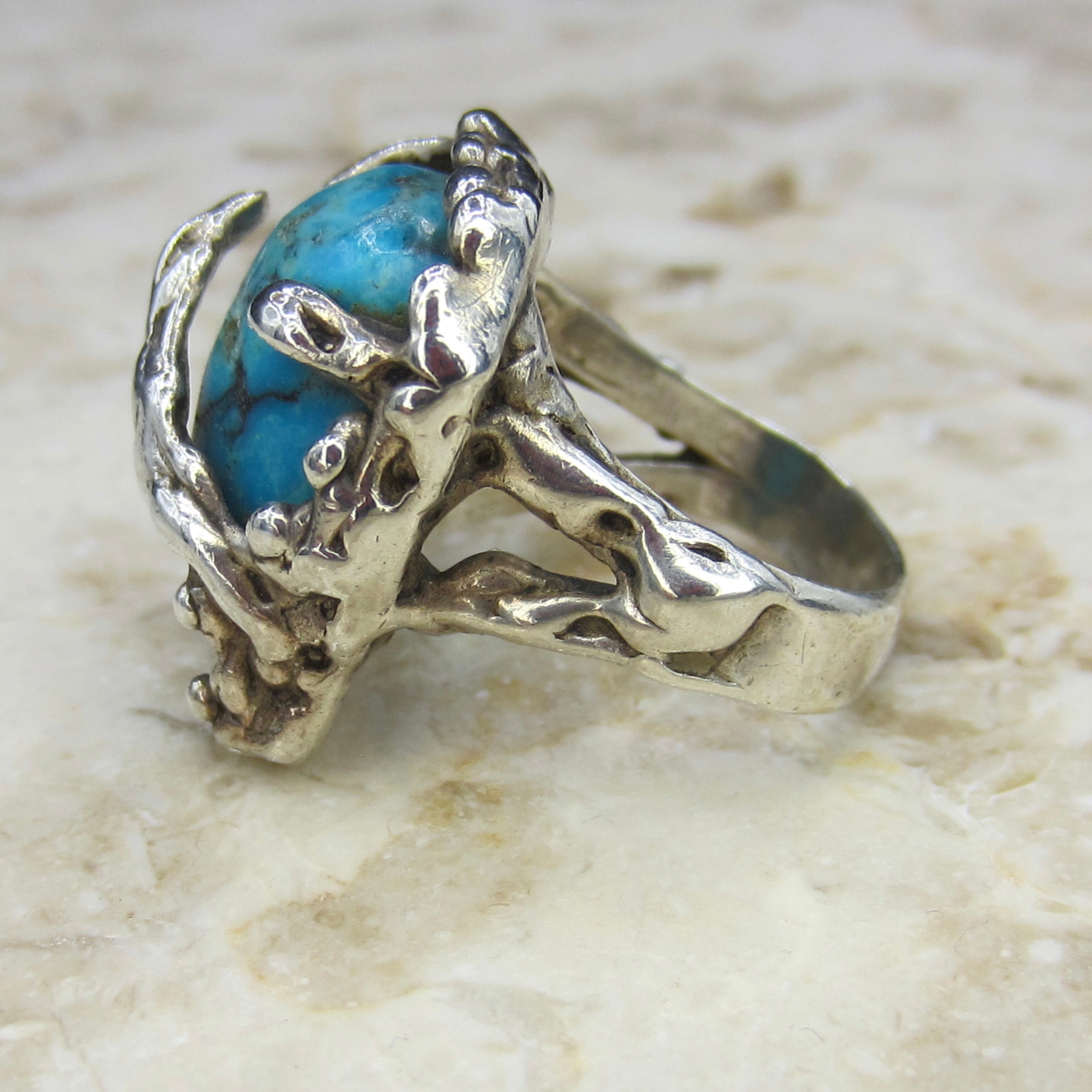 Vintage Large Brutalist Sterling Silver Turquoise Freeform Ring c.1970s