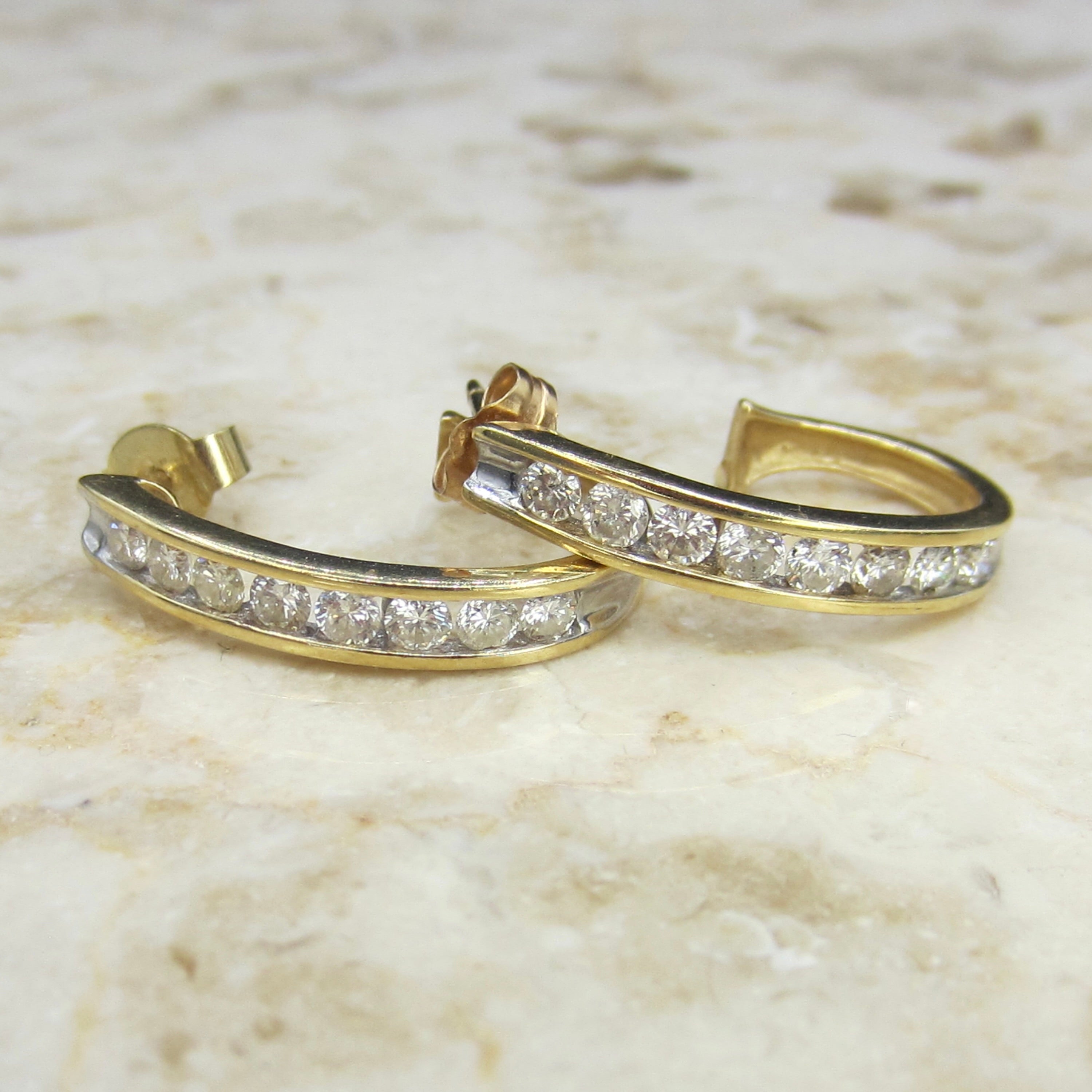 Estate 14k Gold Natural Channel Set Diamond Half Hoop Earrings