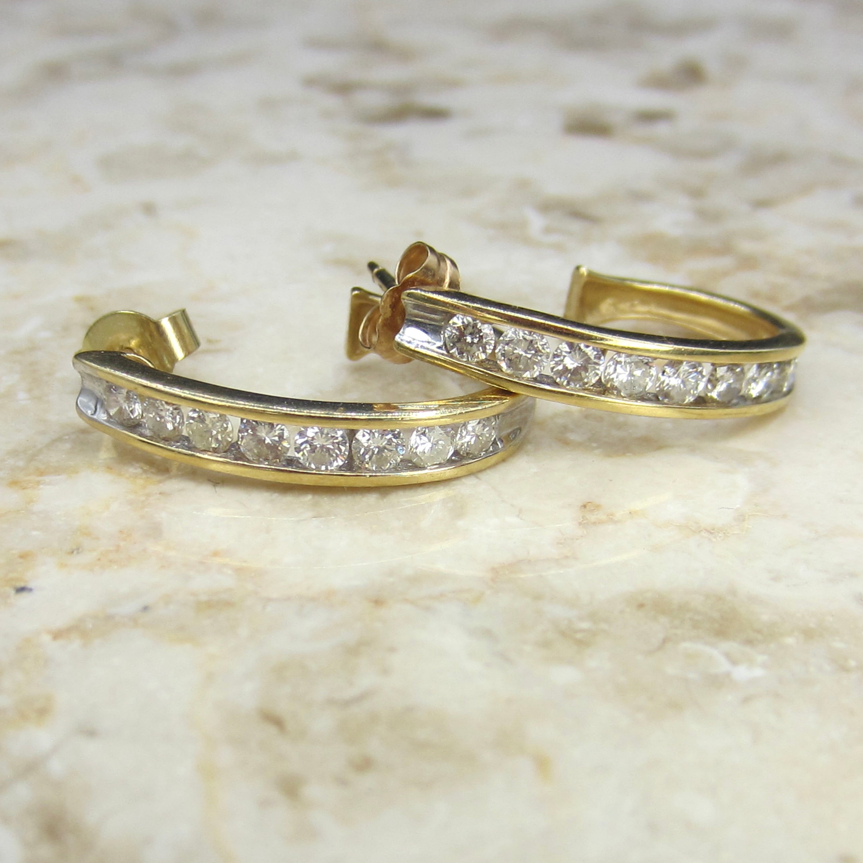 Estate 14k Gold Natural Channel Set Diamond Half Hoop Earrings