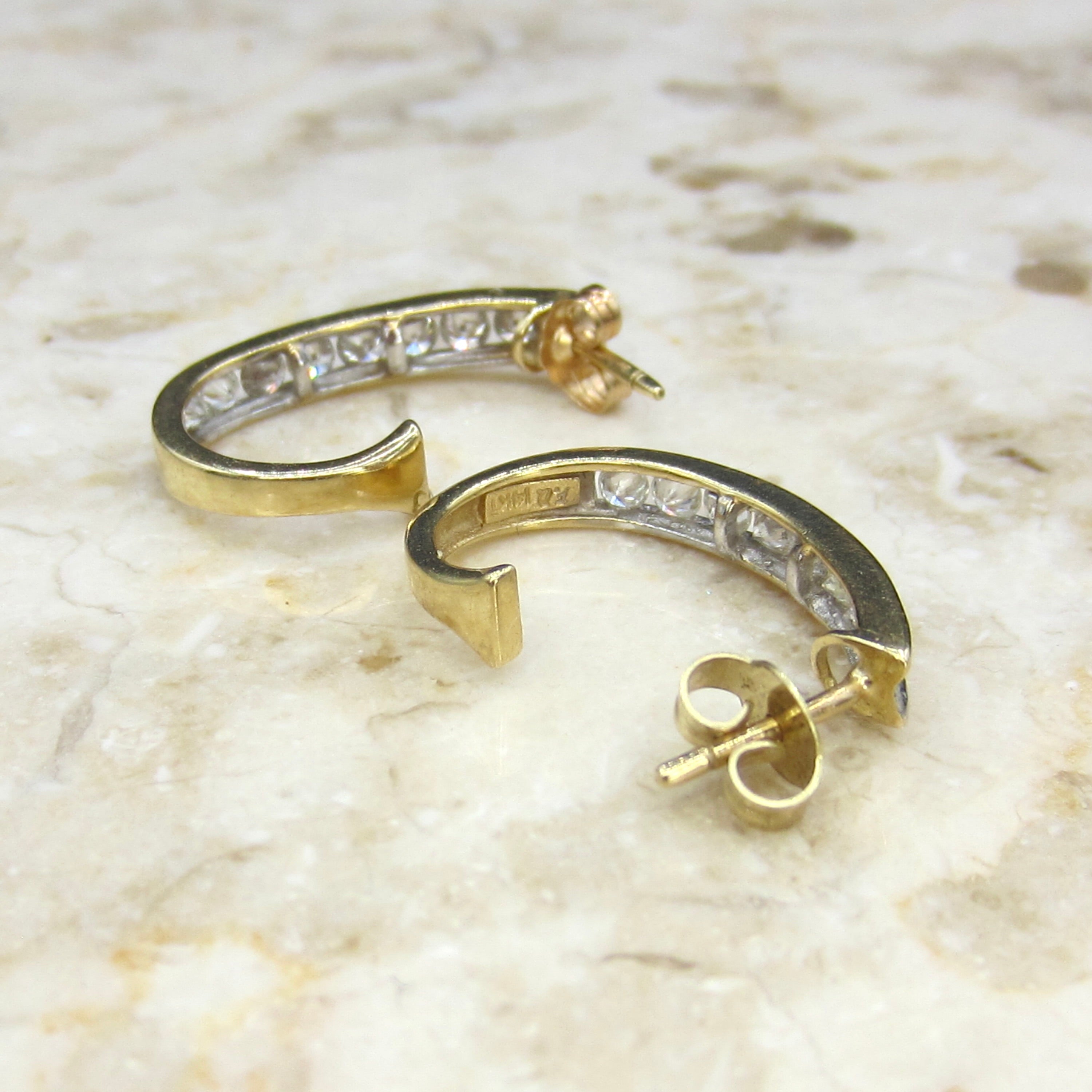 Estate 14k Gold Natural Channel Set Diamond Half Hoop Earrings