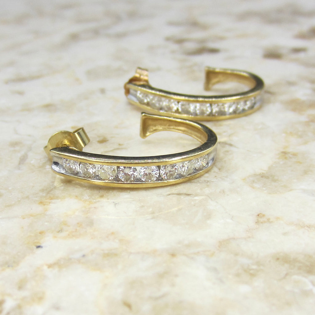 Estate 14k Gold Natural Channel Set Diamond Half Hoop Earrings