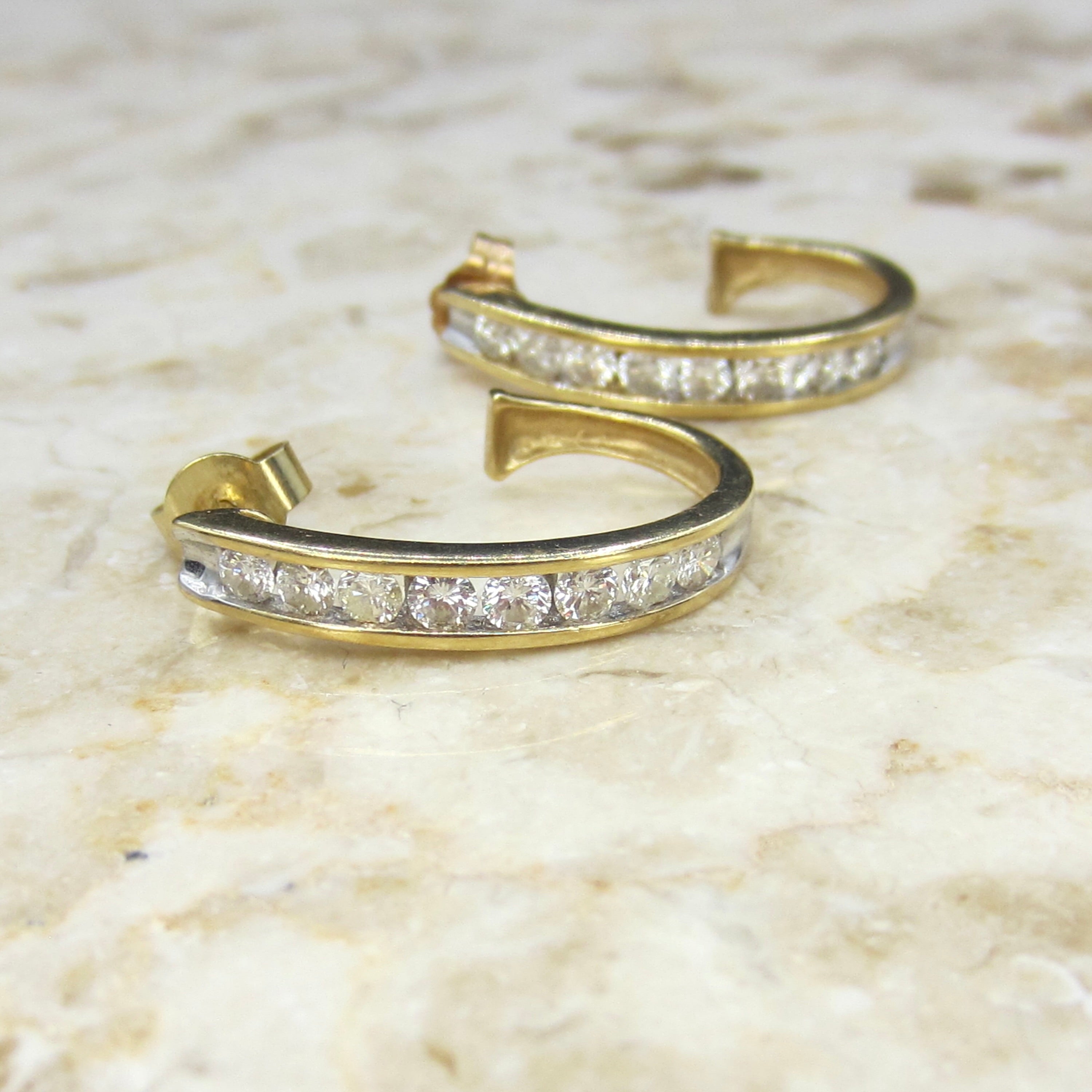 Estate 14k Gold Natural Channel Set Diamond Half Hoop Earrings