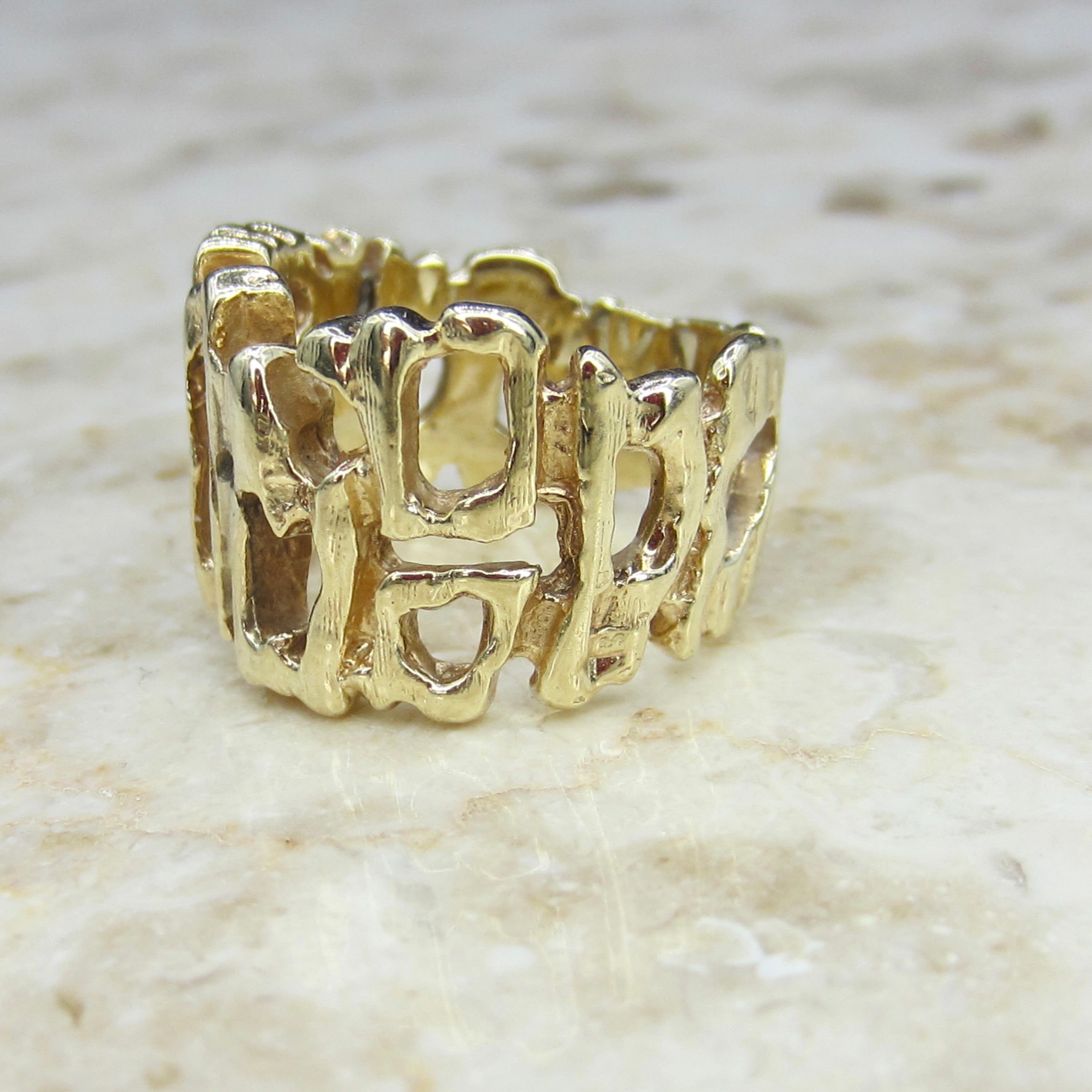 Vintage 14k Gold Brutalist Gold Ring – Openwork Abstract Design, 1970s Modernist Wide Band Ring