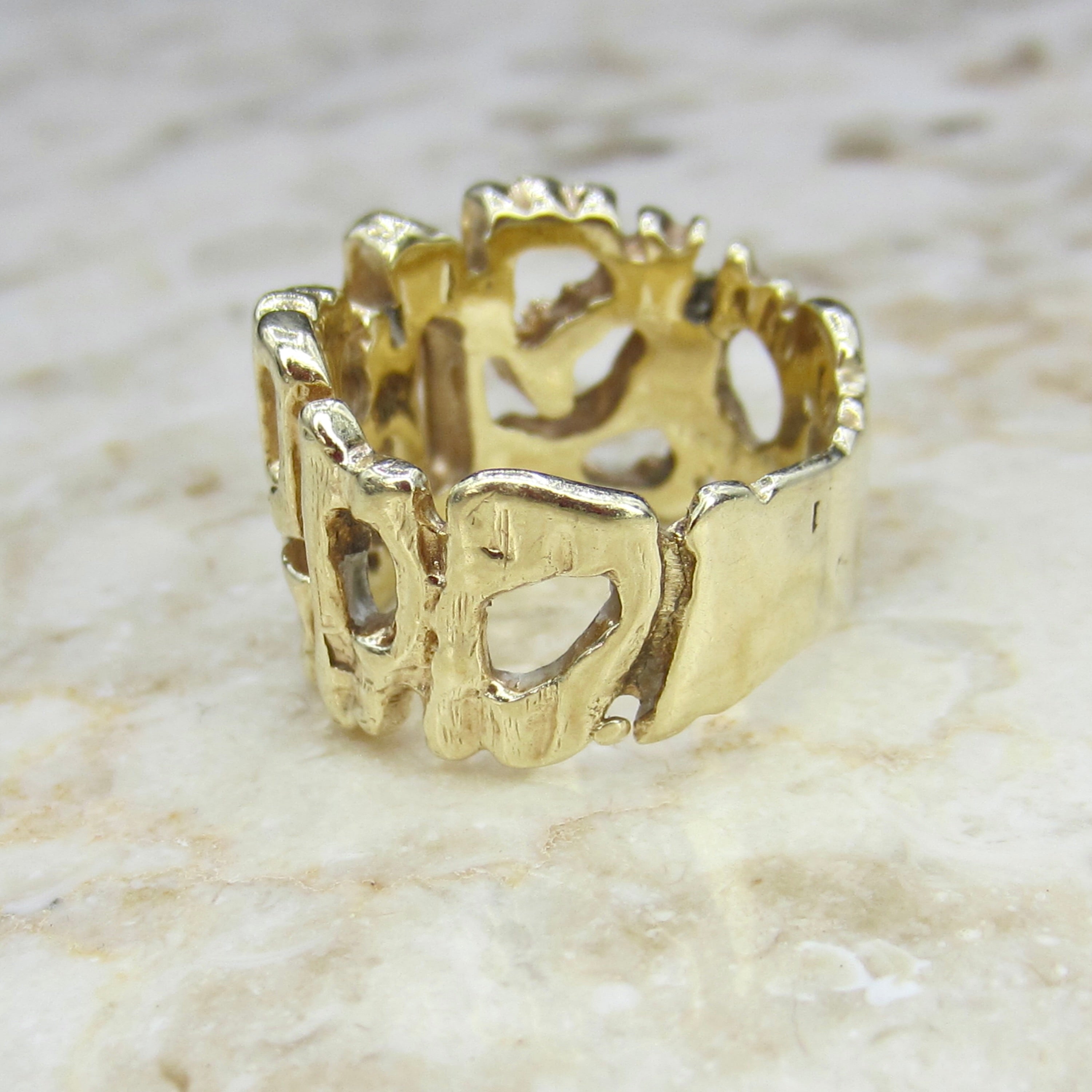 Vintage 14k Gold Brutalist Gold Ring – Openwork Abstract Design, 1970s Modernist Wide Band Ring