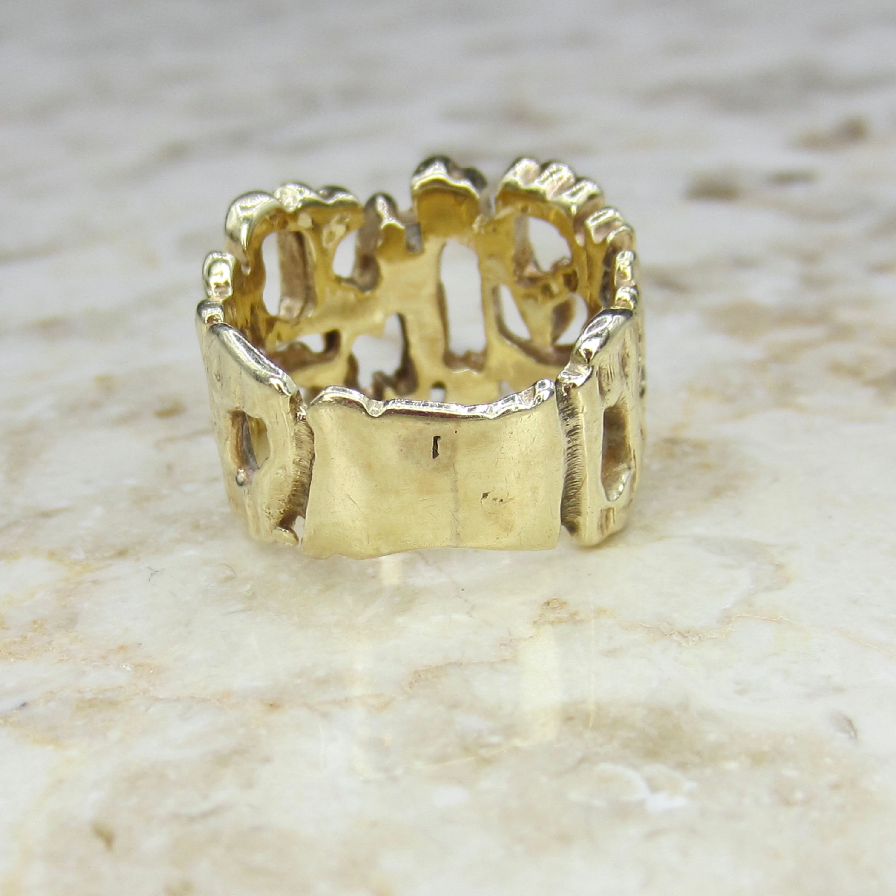 Vintage 14k Gold Brutalist Gold Ring – Openwork Abstract Design, 1970s Modernist Wide Band Ring
