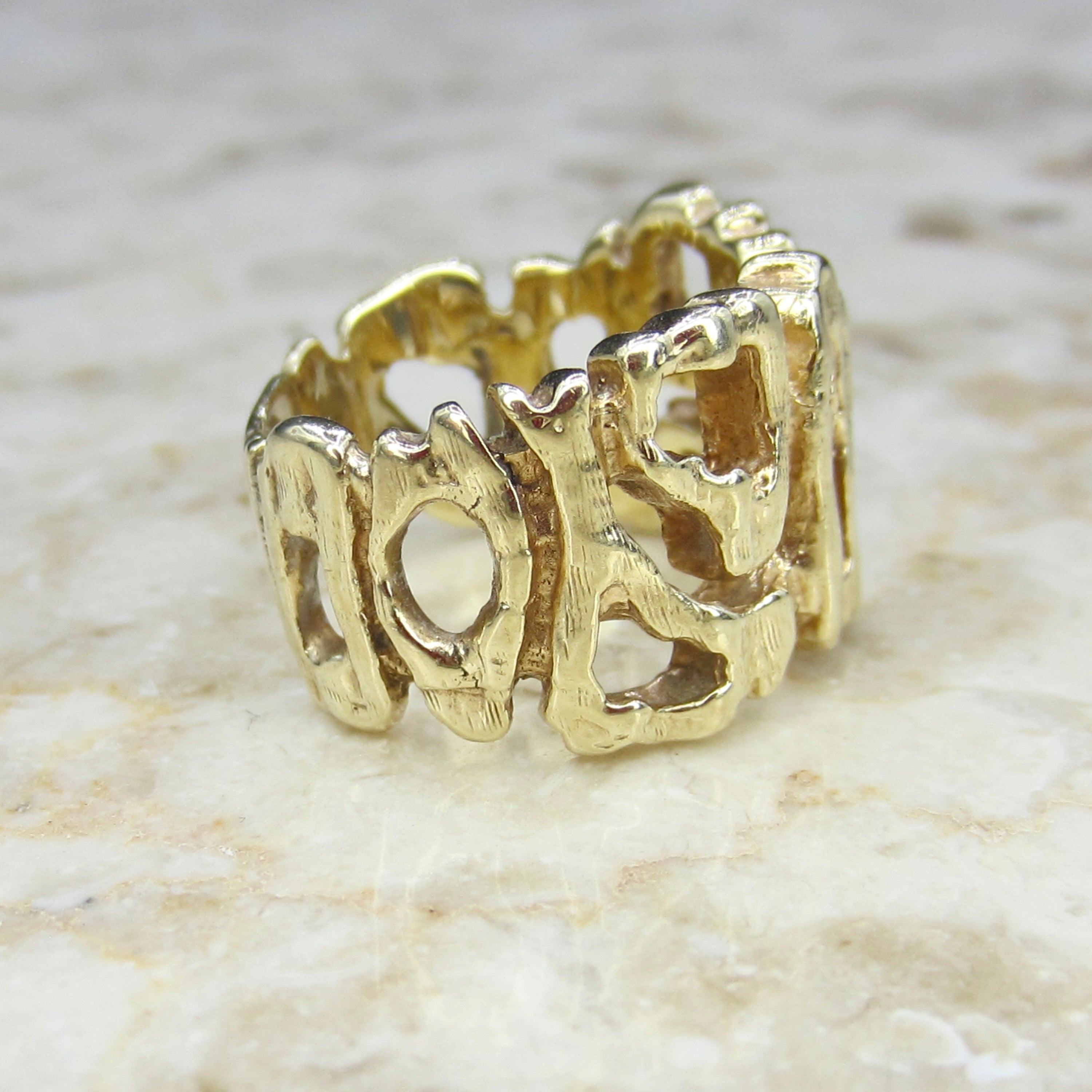 Vintage 14k Gold Brutalist Gold Ring – Openwork Abstract Design, 1970s Modernist Wide Band Ring