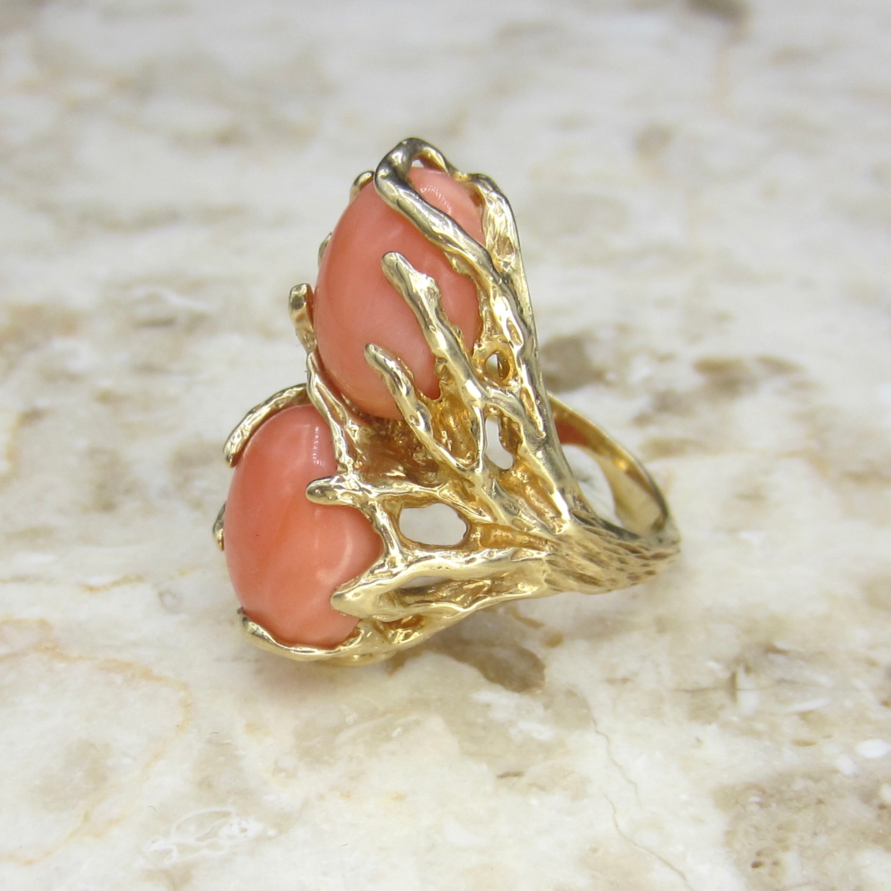Vintage 1970s Angel Skin Coral Ring | Organic Modernist Gold Statement Ring | Brutalist Cocktail Jewelry